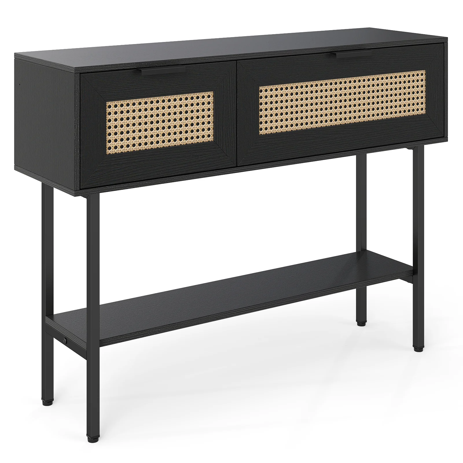 Rattan Console Table, 2 Storage Cabinets, Carbon Steel Frame, Black