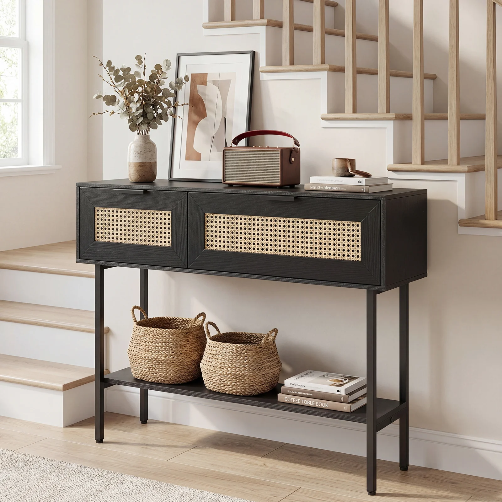 Rattan Console Table, 2 Storage Cabinets, Carbon Steel Frame, Black - Image 2