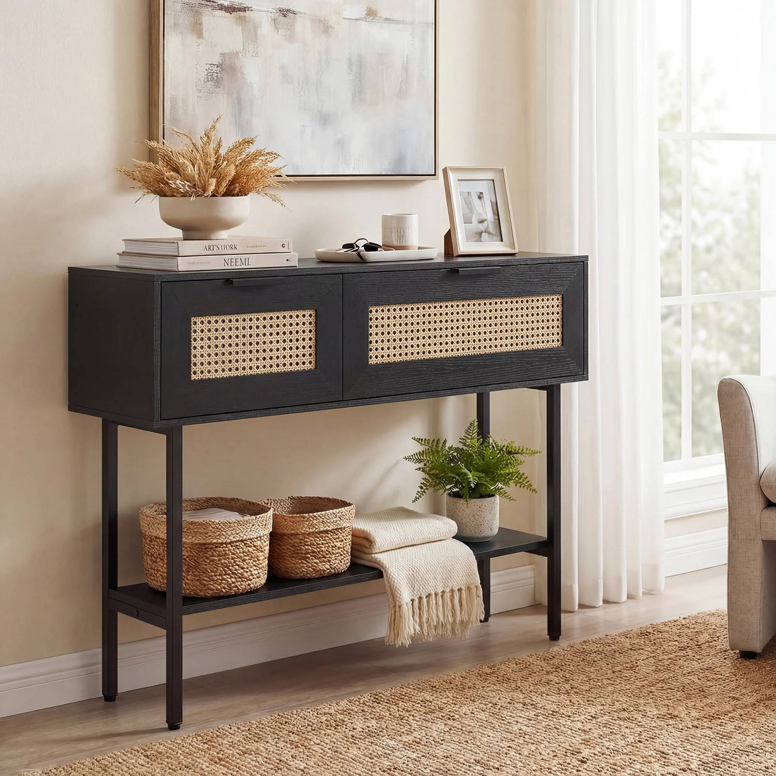 Rattan Console Table, 2 Storage Cabinets, Carbon Steel Frame, Black - Image 3