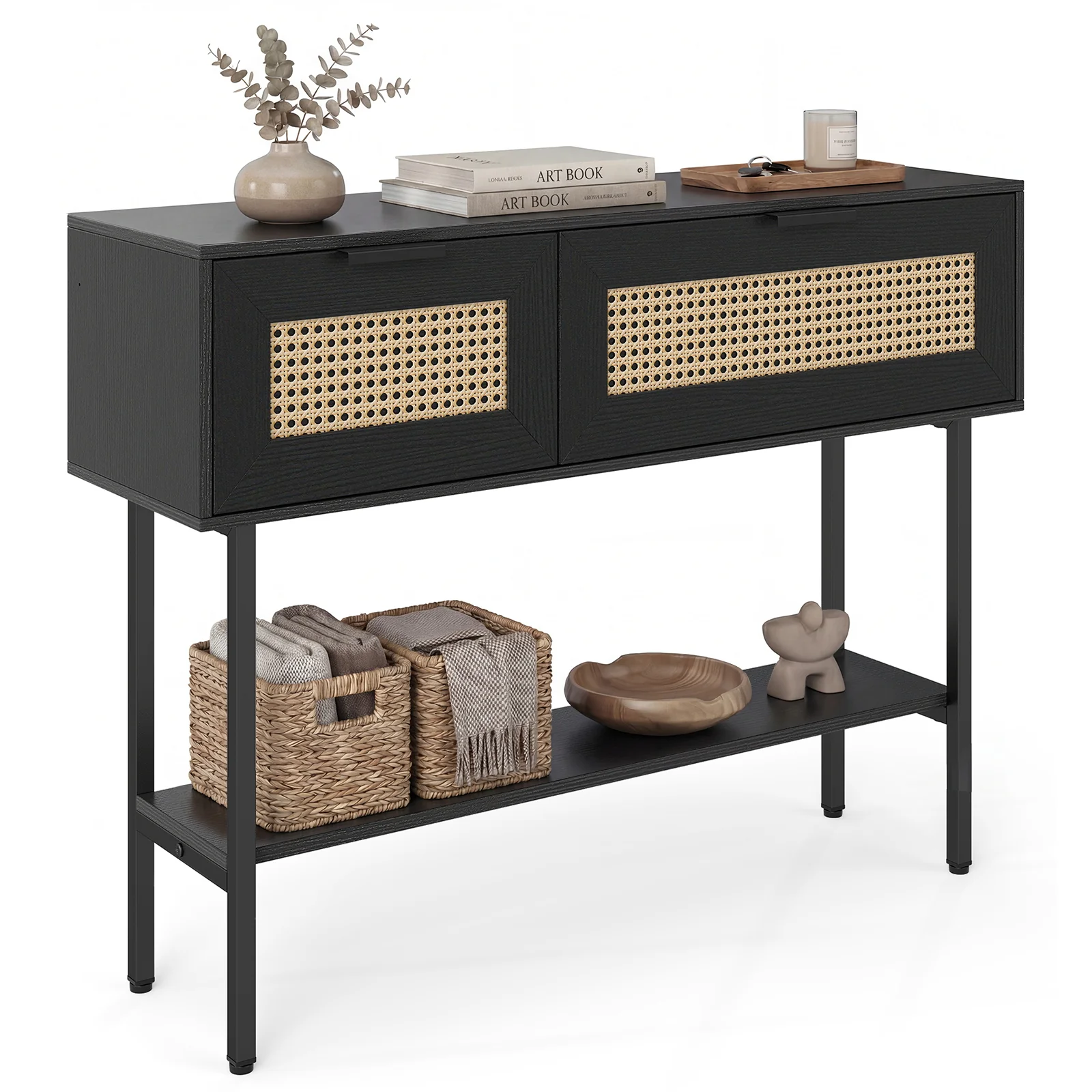 Rattan Console Table, 2 Storage Cabinets, Carbon Steel Frame, Black - Image 4