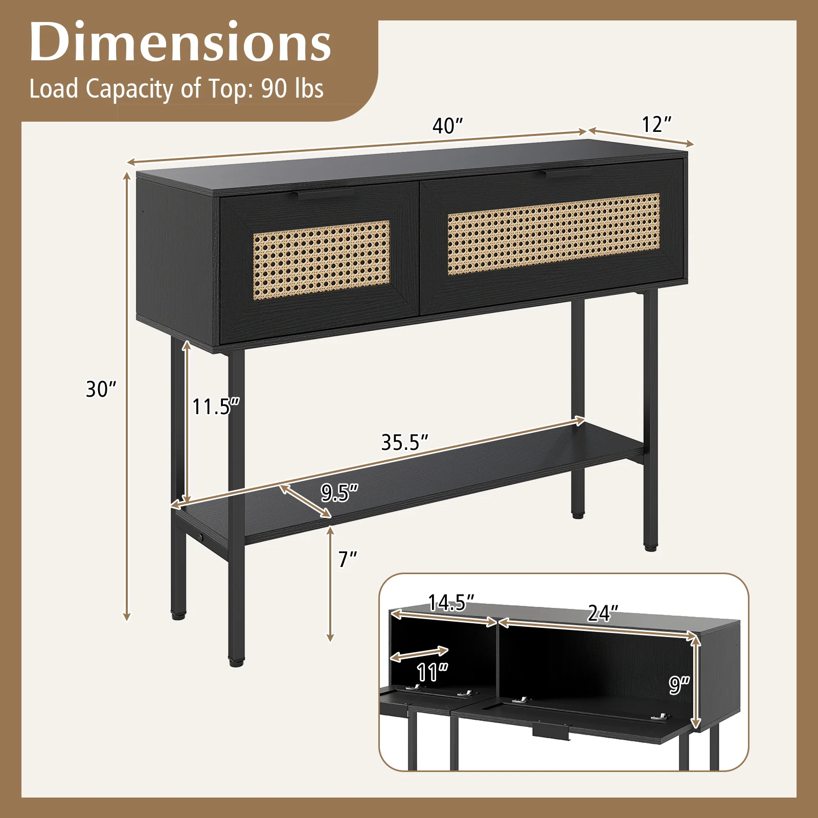 Rattan Console Table, 2 Storage Cabinets, Carbon Steel Frame, Black - Image 5