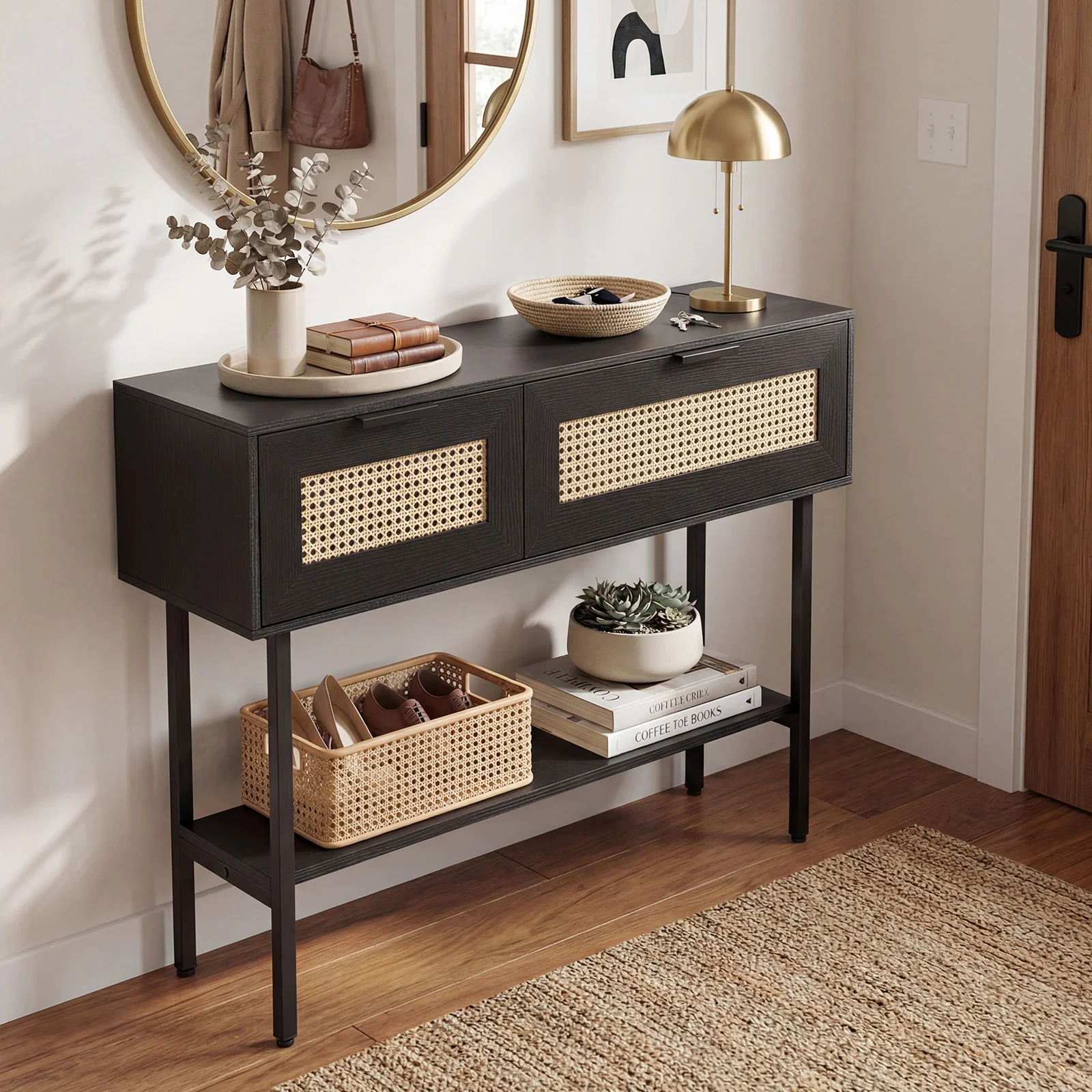 Rattan Console Table, 2 Storage Cabinets, Carbon Steel Frame, Black - Image 6