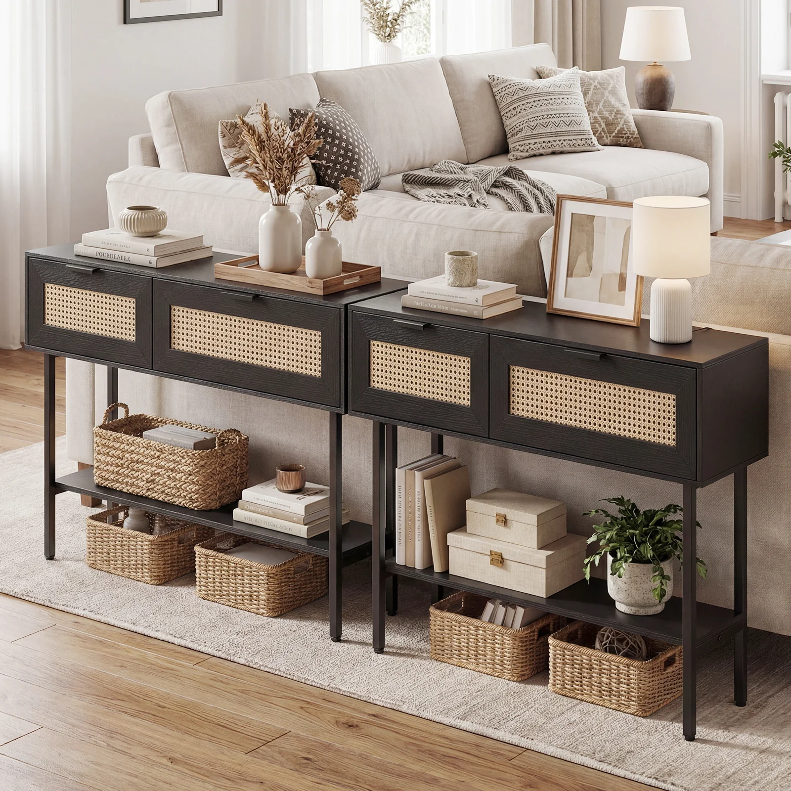 Rattan Console Table, 2 Storage Cabinets, Carbon Steel Frame, Black - Image 7