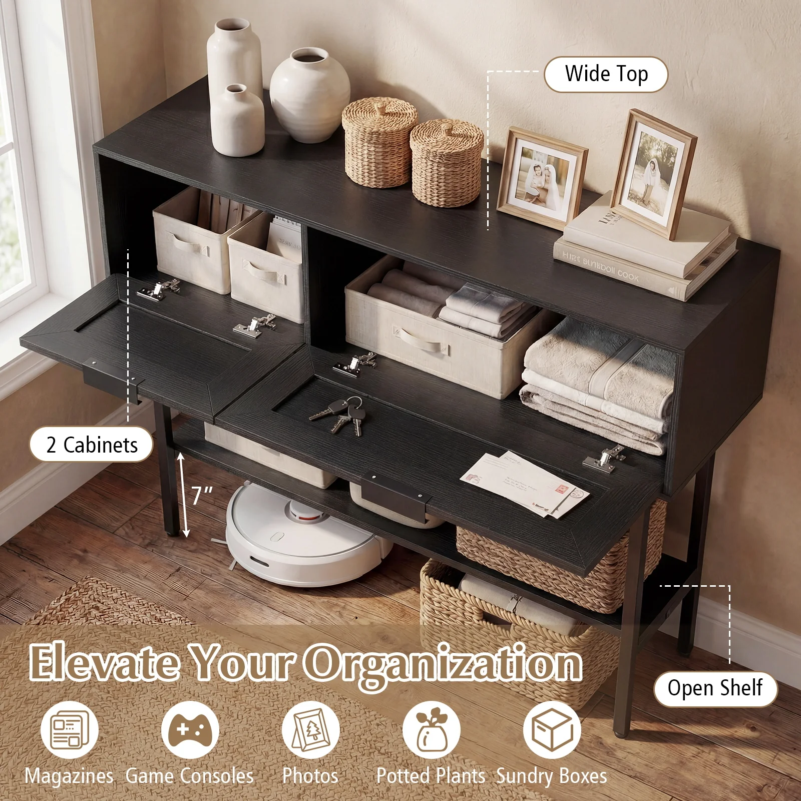 Rattan Console Table, 2 Storage Cabinets, Carbon Steel Frame, Black - Image 8