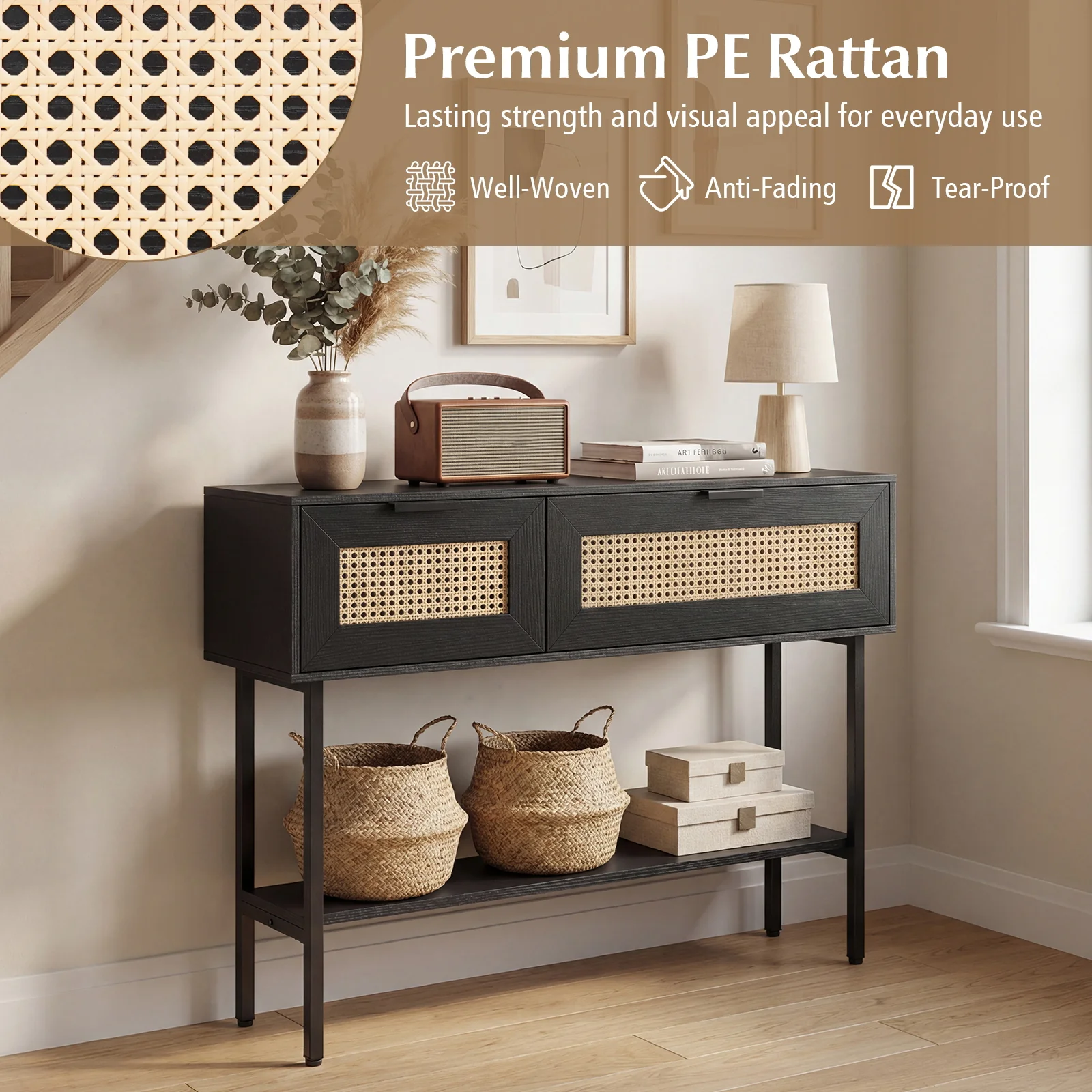 Rattan Console Table, 2 Storage Cabinets, Carbon Steel Frame, Black - Image 9