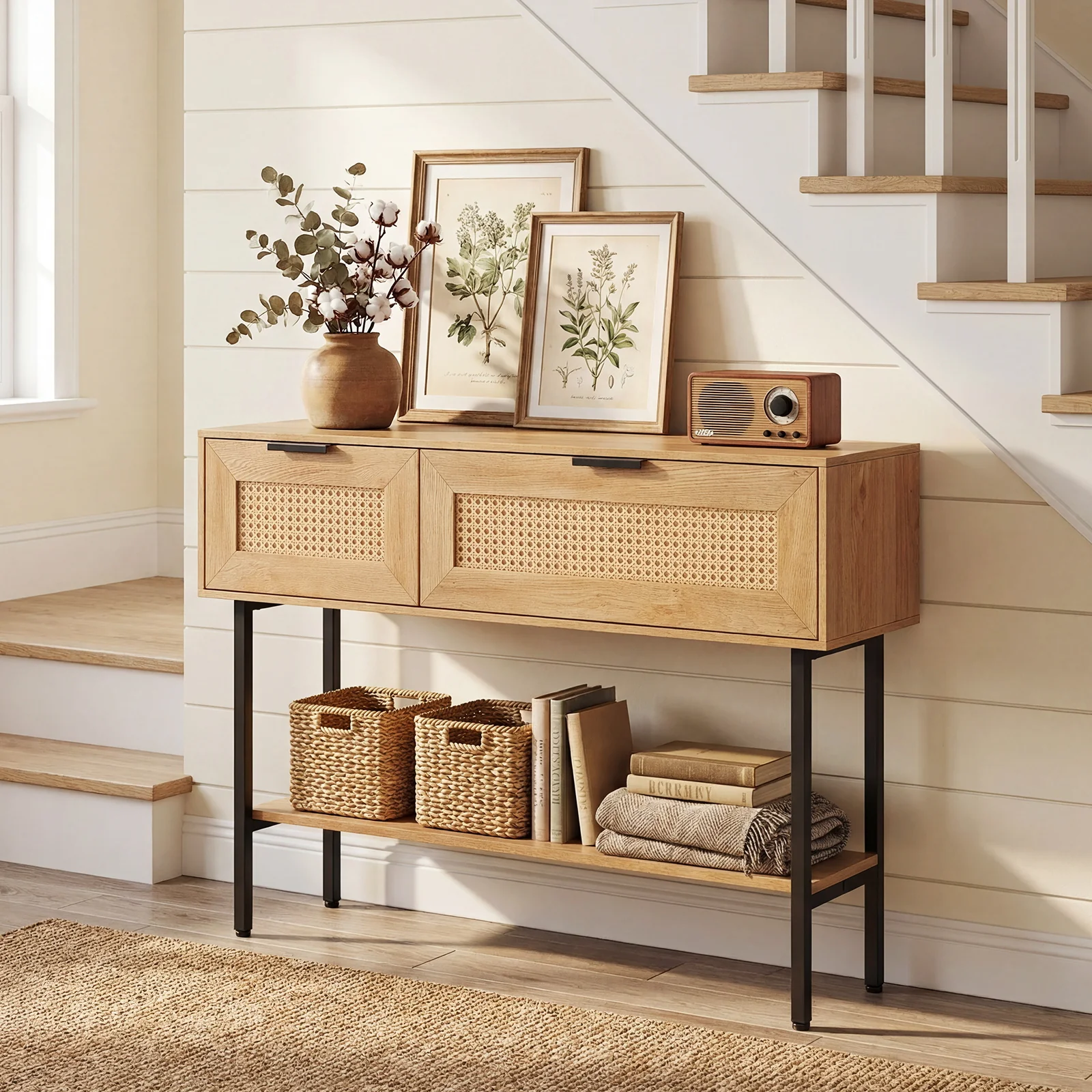 Rattan Console Table, 2 Storage Cabinets, Carbon Steel Frame, Natural - Image 2