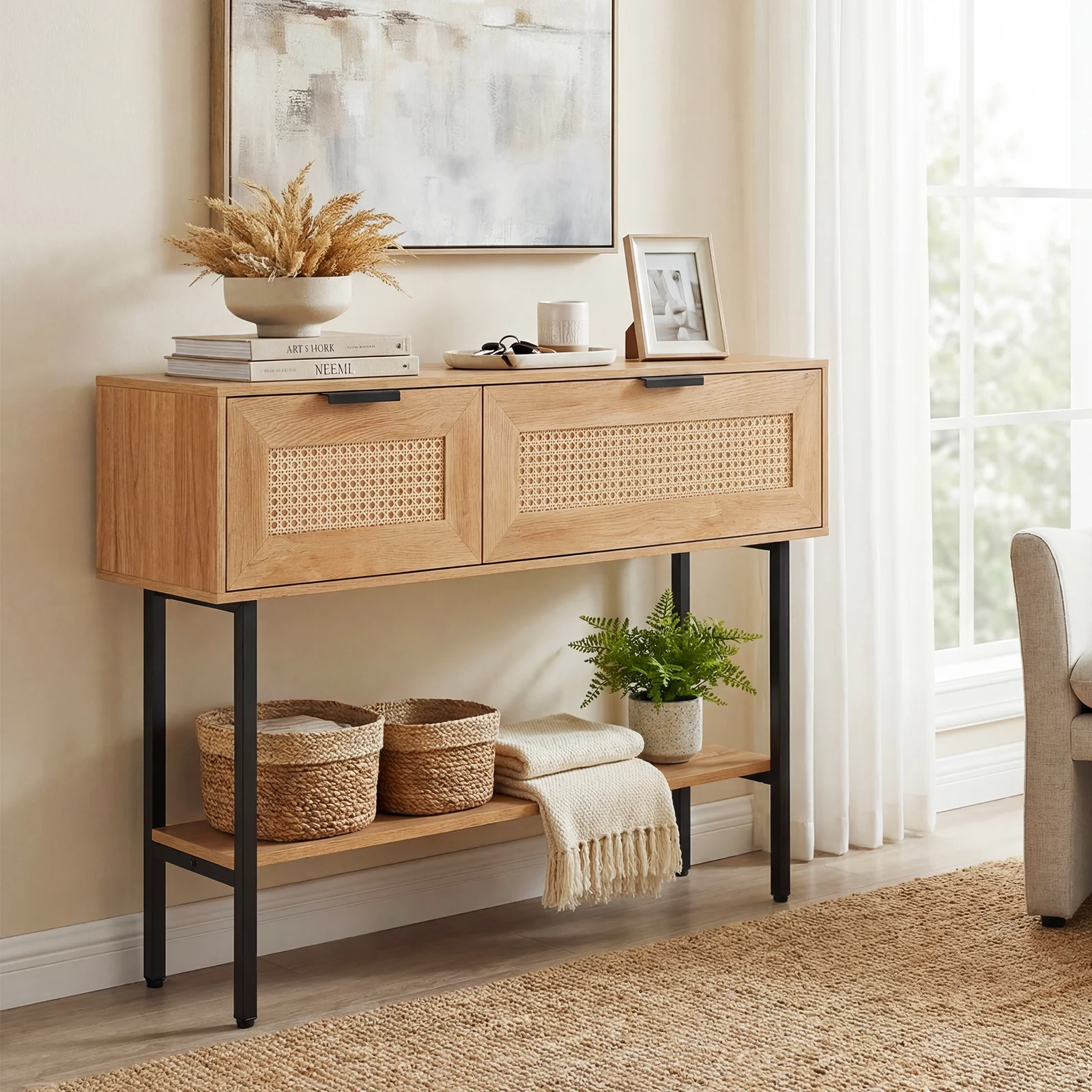 Rattan Console Table, 2 Storage Cabinets, Carbon Steel Frame, Natural - Image 3