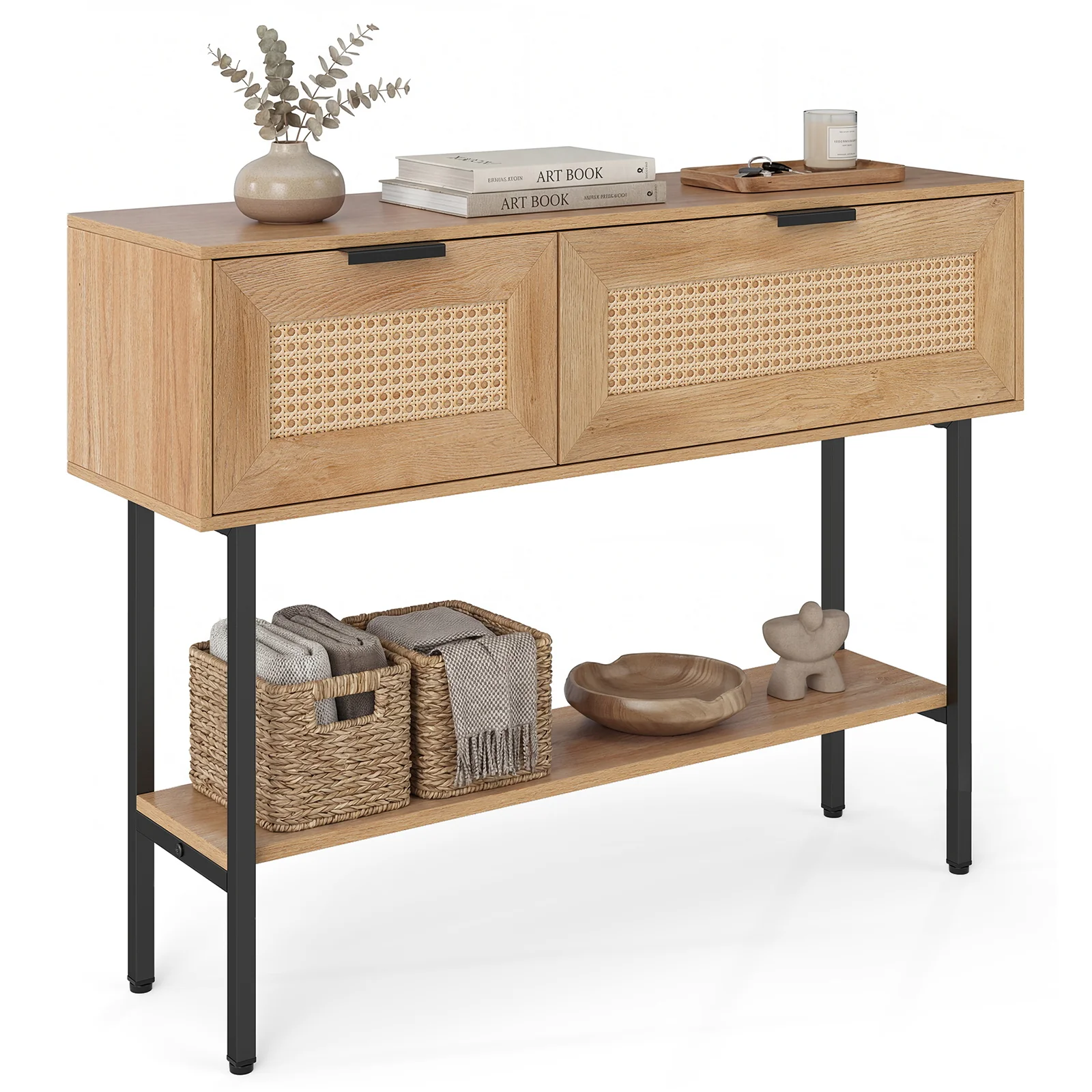 Rattan Console Table, 2 Storage Cabinets, Carbon Steel Frame, Natural - Image 4