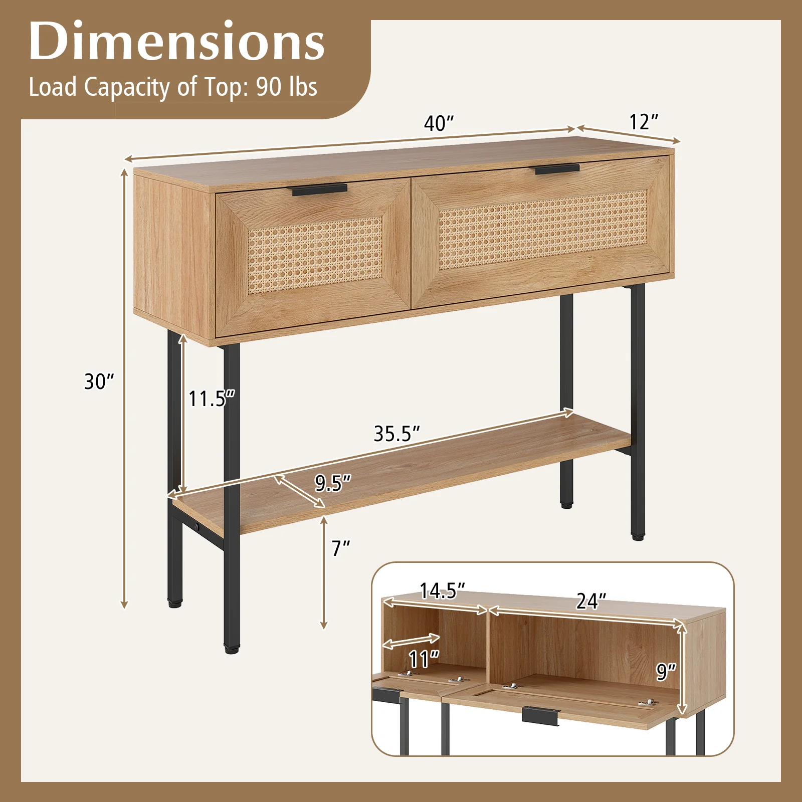 Rattan Console Table, 2 Storage Cabinets, Carbon Steel Frame, Natural - Image 5