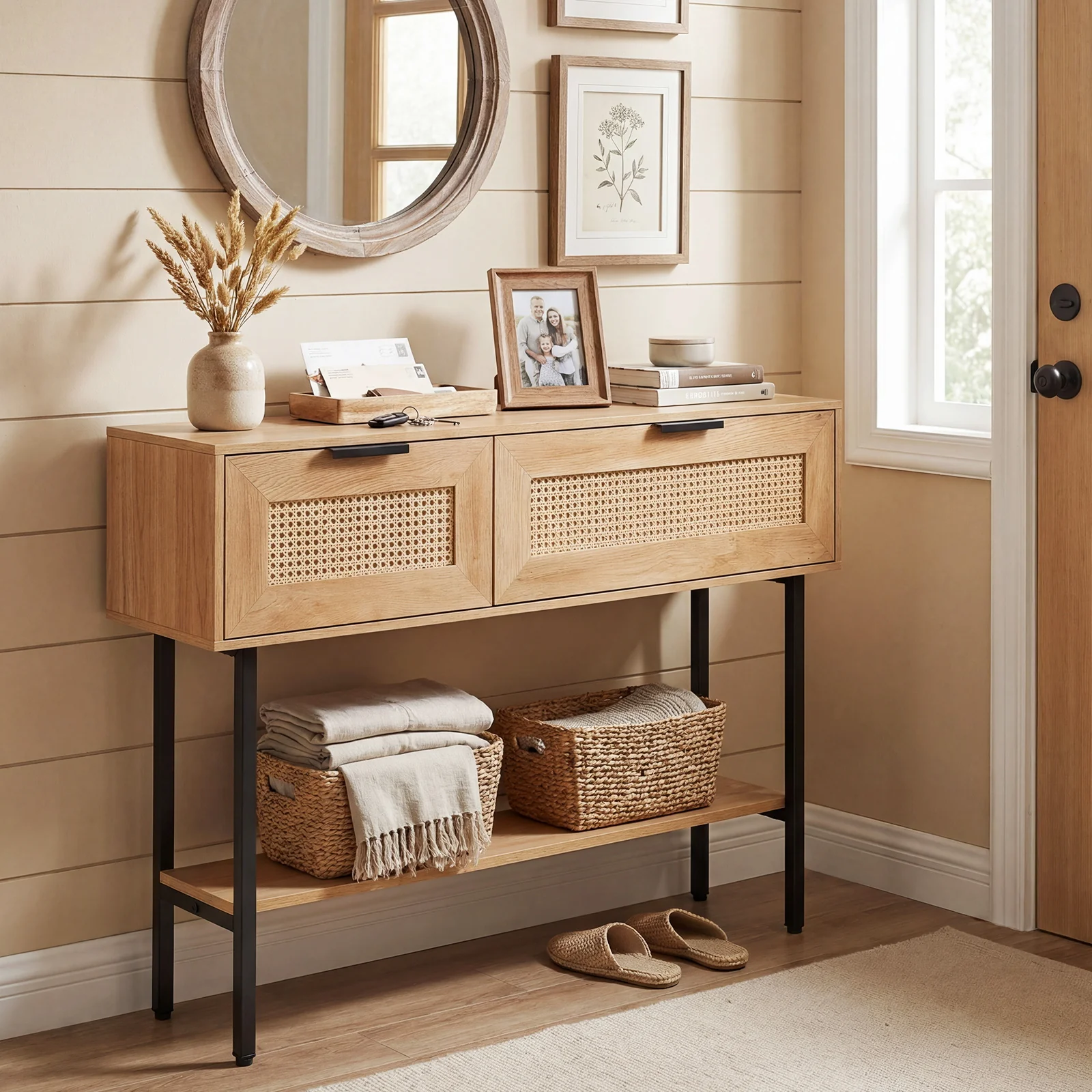 Rattan Console Table, 2 Storage Cabinets, Carbon Steel Frame, Natural - Image 6