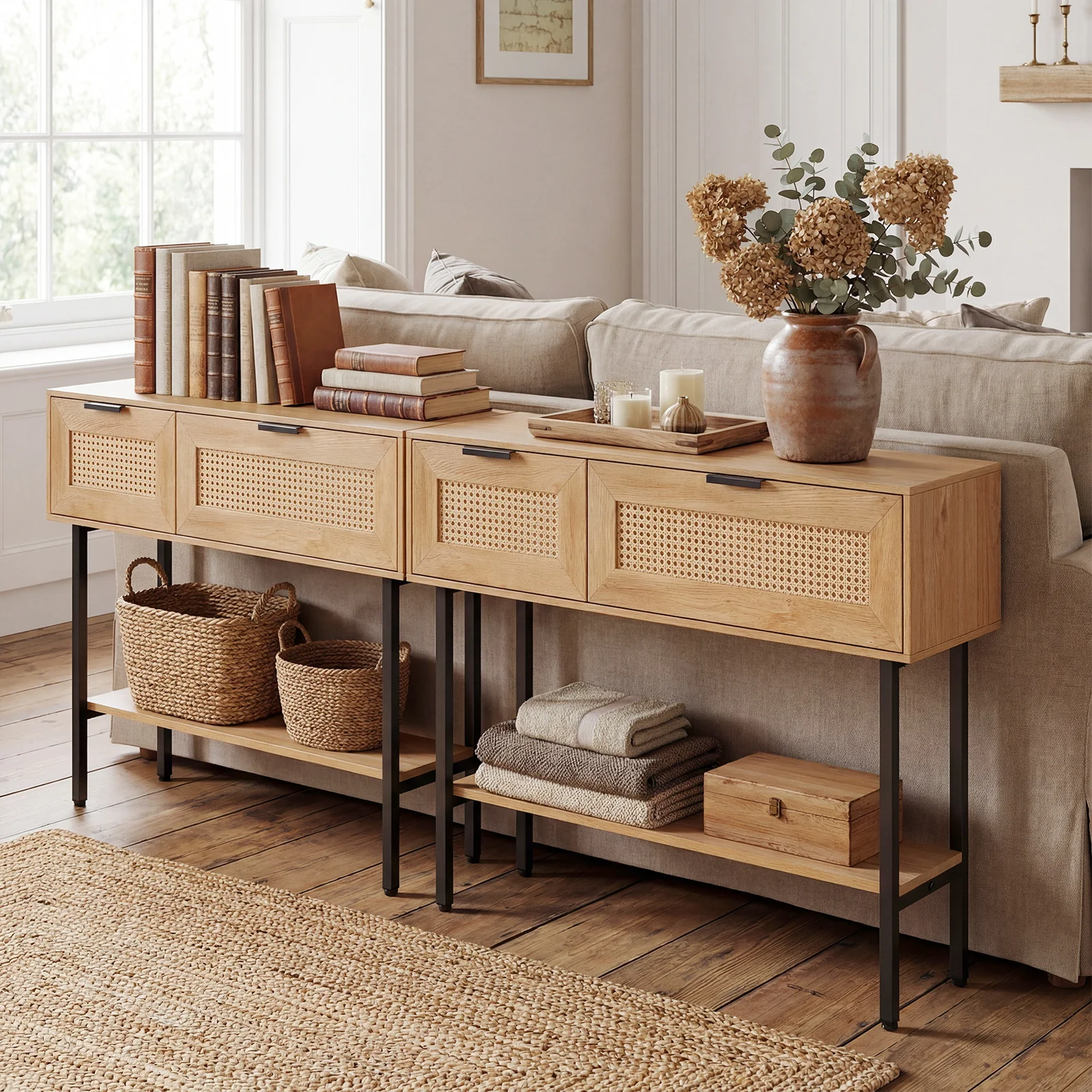 Rattan Console Table, 2 Storage Cabinets, Carbon Steel Frame, Natural - Image 7