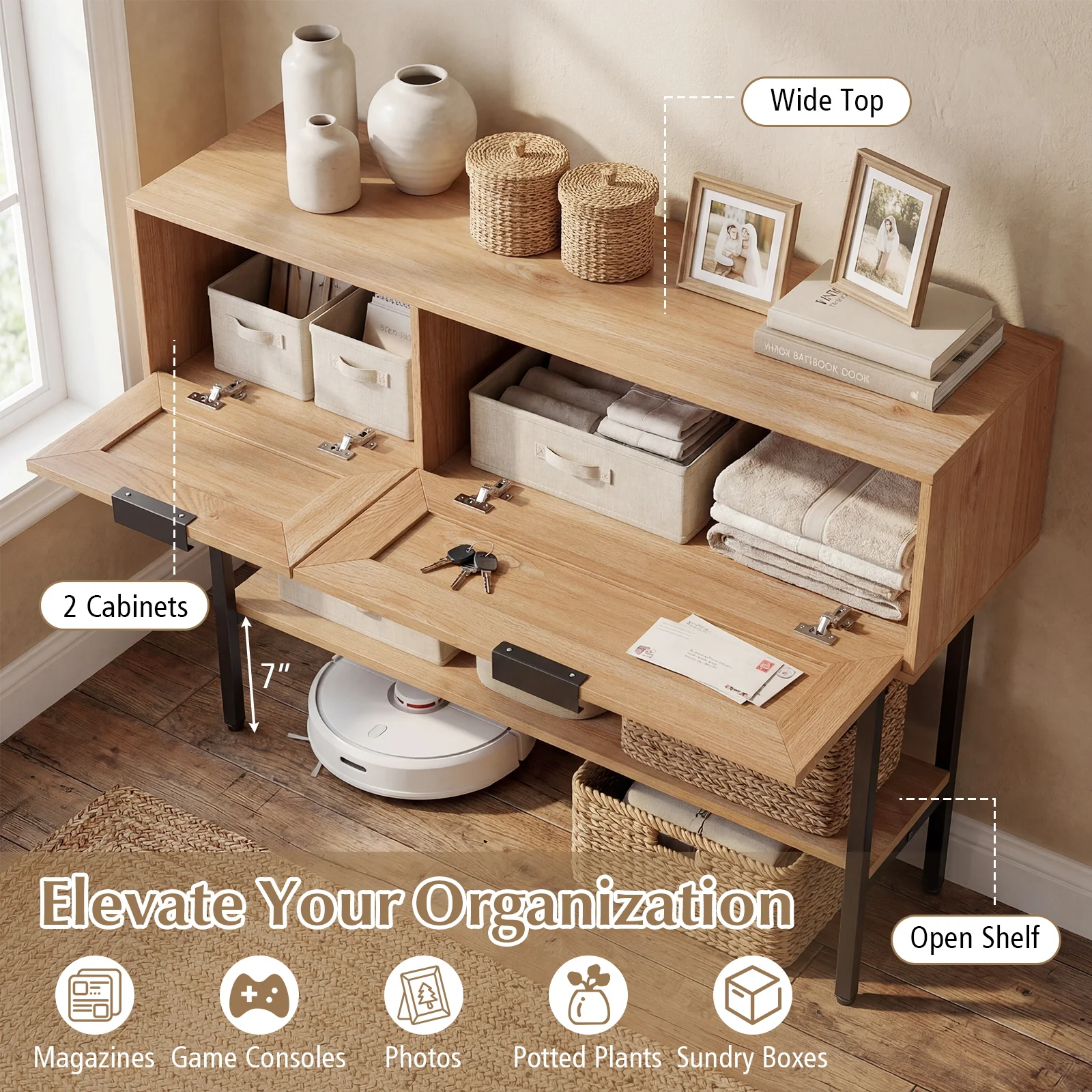Rattan Console Table, 2 Storage Cabinets, Carbon Steel Frame, Natural - Image 8