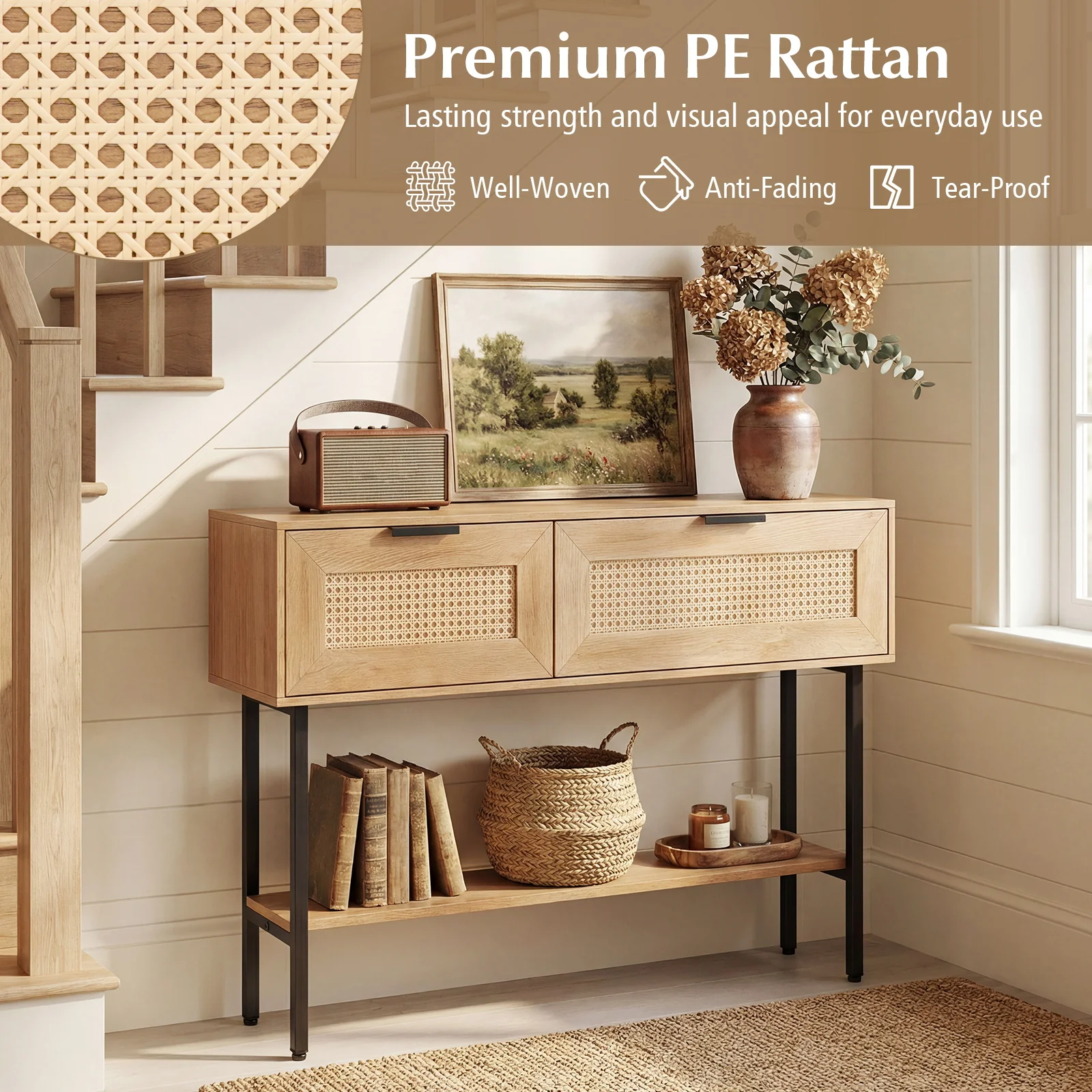 Rattan Console Table, 2 Storage Cabinets, Carbon Steel Frame, Natural - Image 9