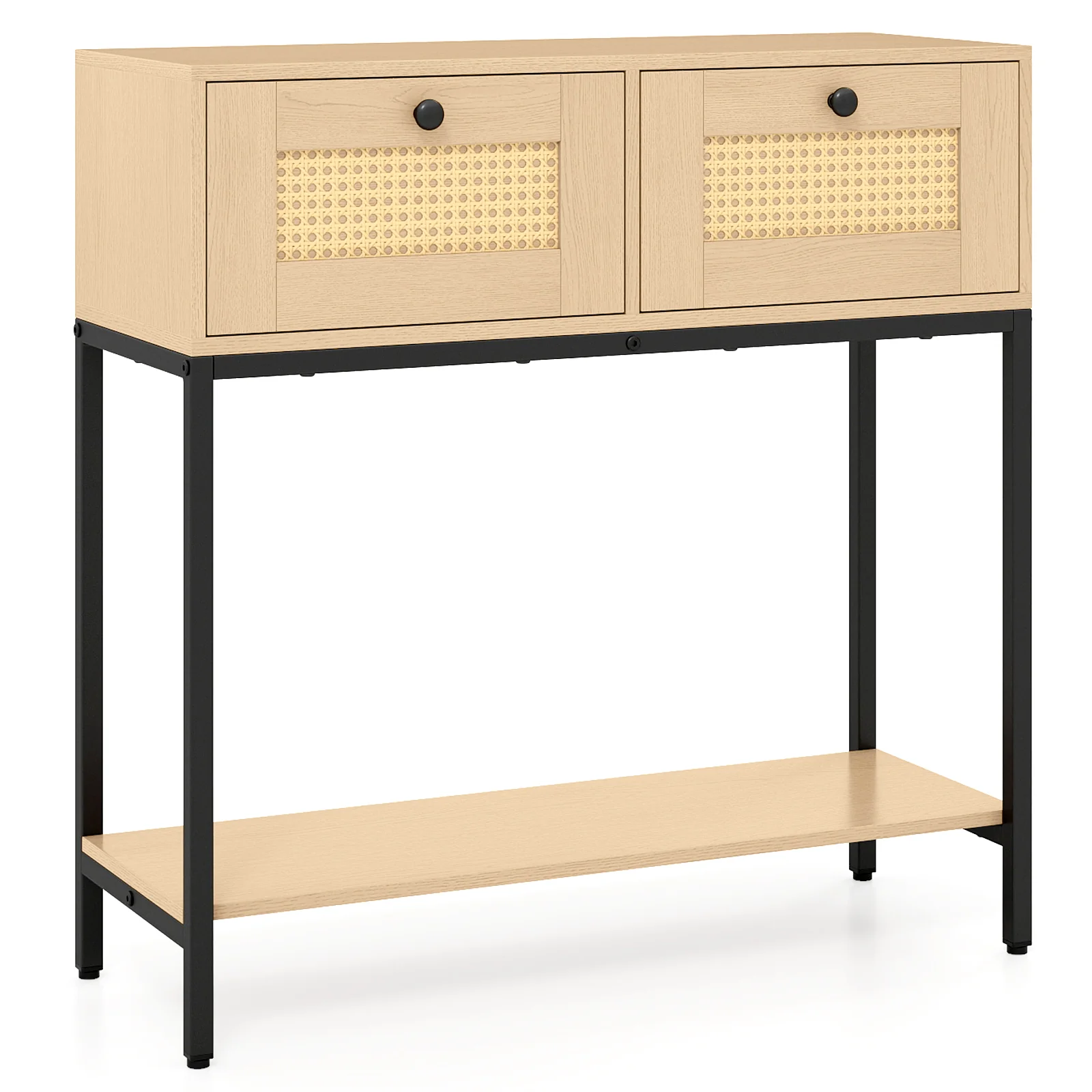 Rattan Console Table, Oak, 2 Drawers, Open Shelf