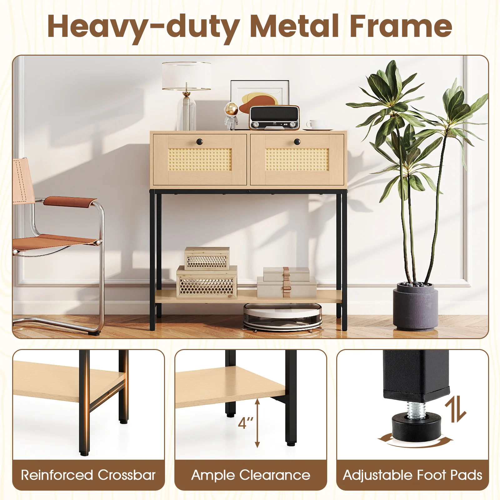 Rattan Console Table, Oak, 2 Drawers, Open Shelf - Image 10