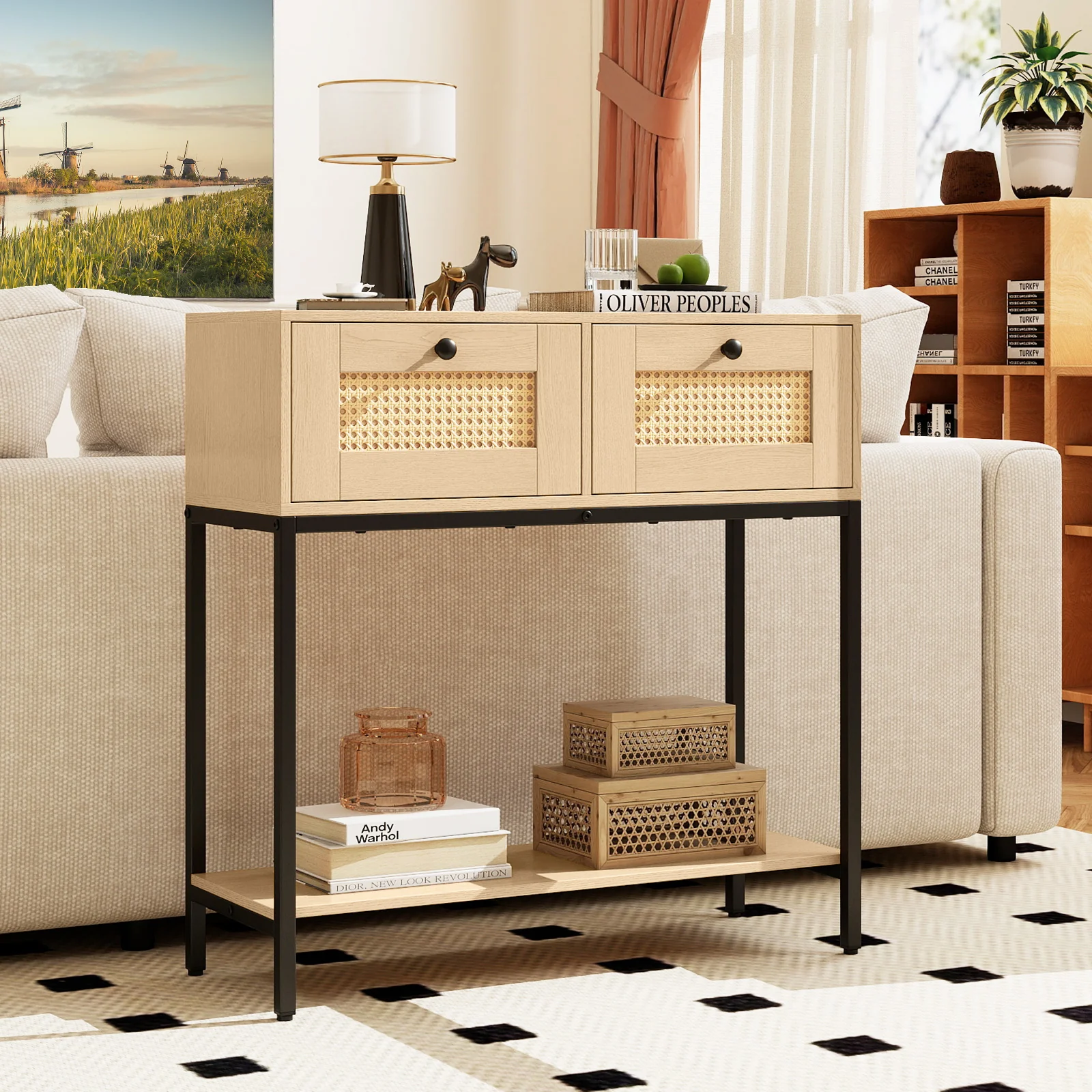 Rattan Console Table, Oak, 2 Drawers, Open Shelf - Image 2