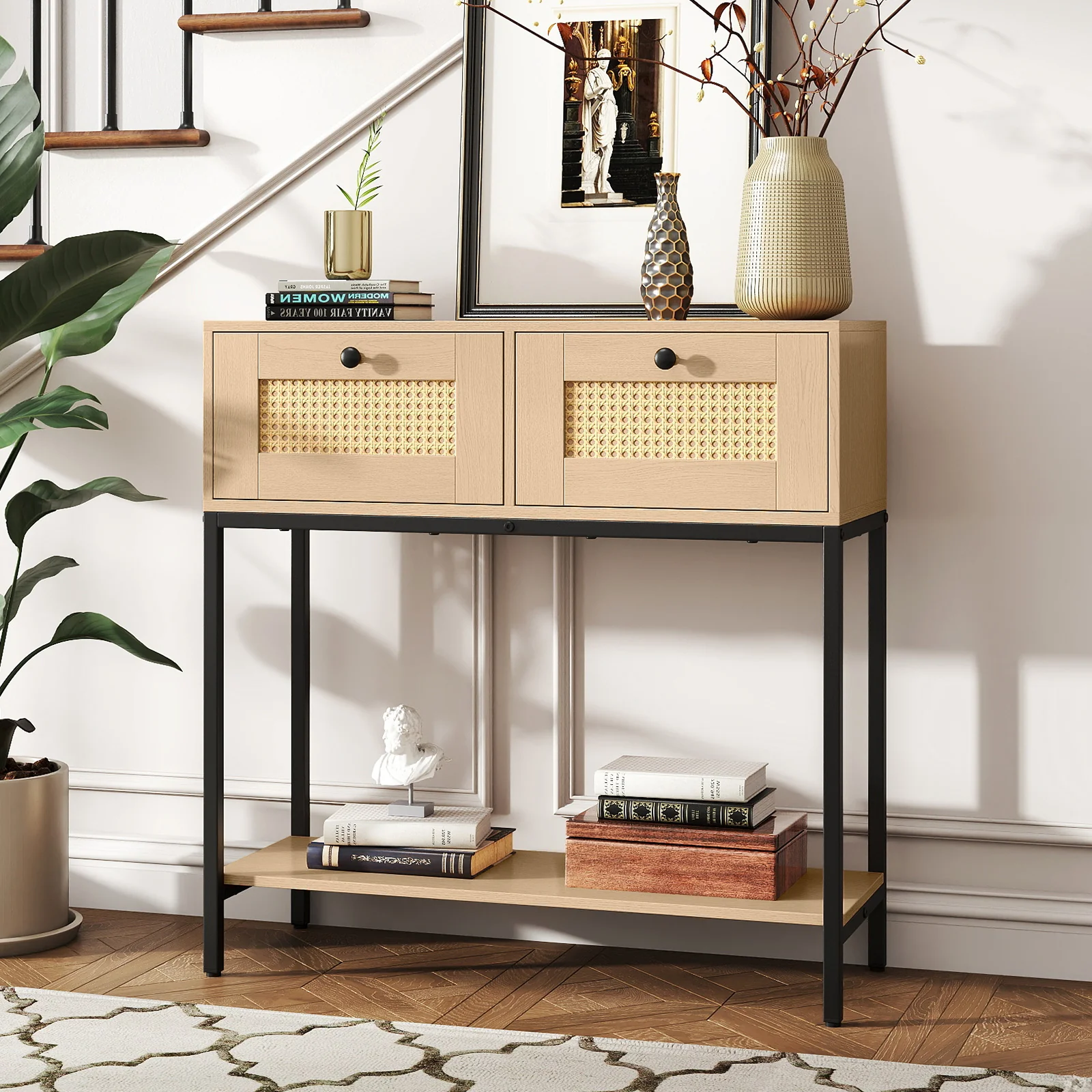 Rattan Console Table, Oak, 2 Drawers, Open Shelf - Image 3