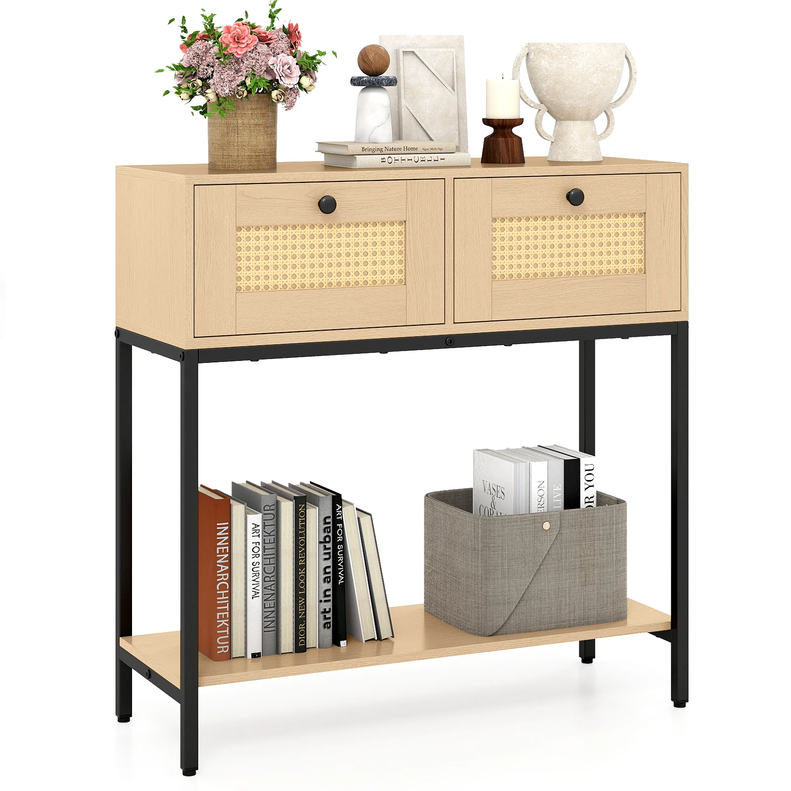 Rattan Console Table, Oak, 2 Drawers, Open Shelf - Image 5