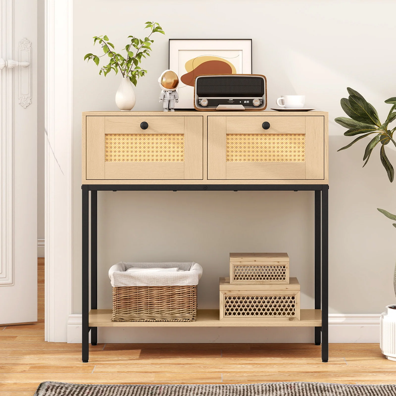 Rattan Console Table, Oak, 2 Drawers, Open Shelf - Image 7