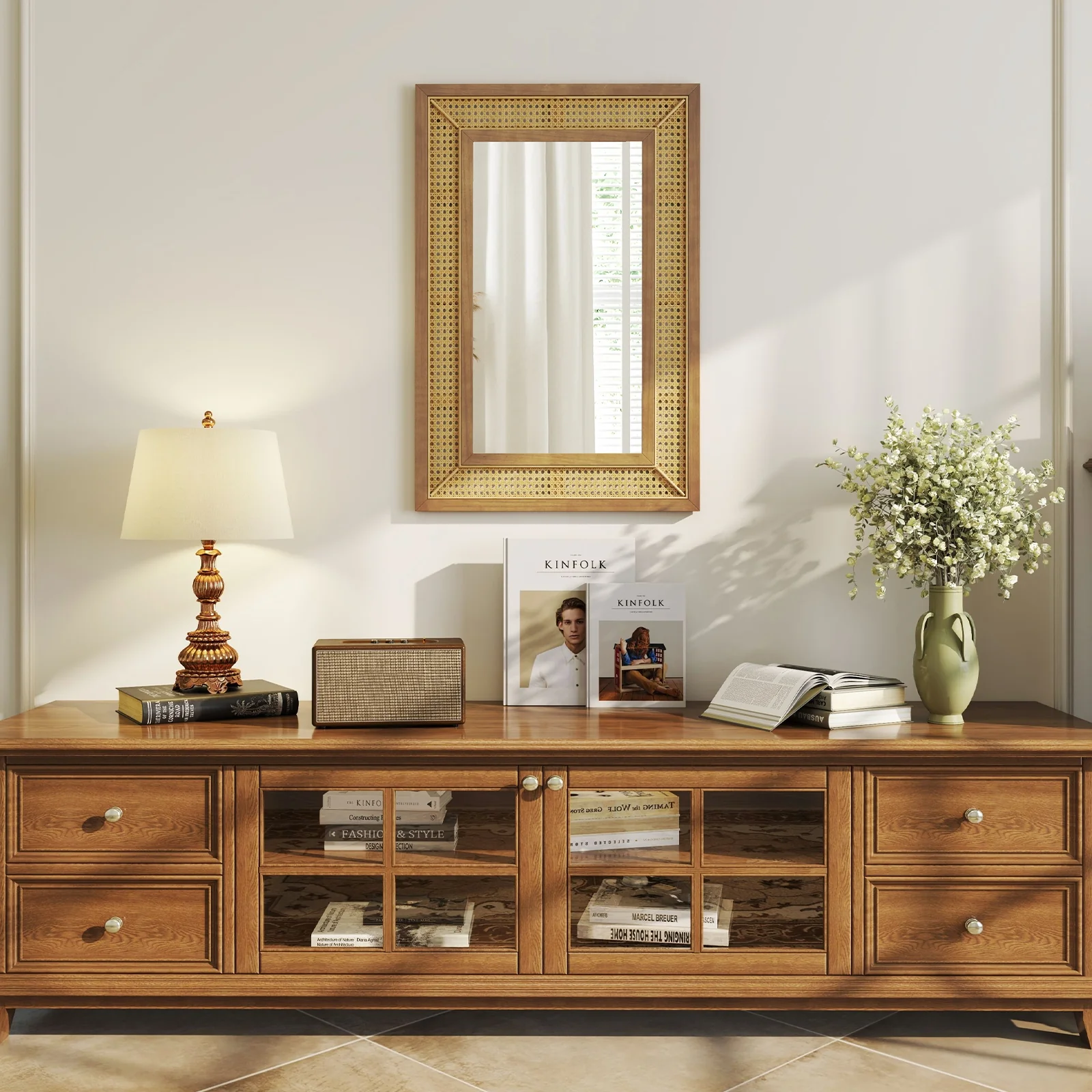 Rattan Decorative Wall Mirror, Wooden Frame, Natural - Image 3