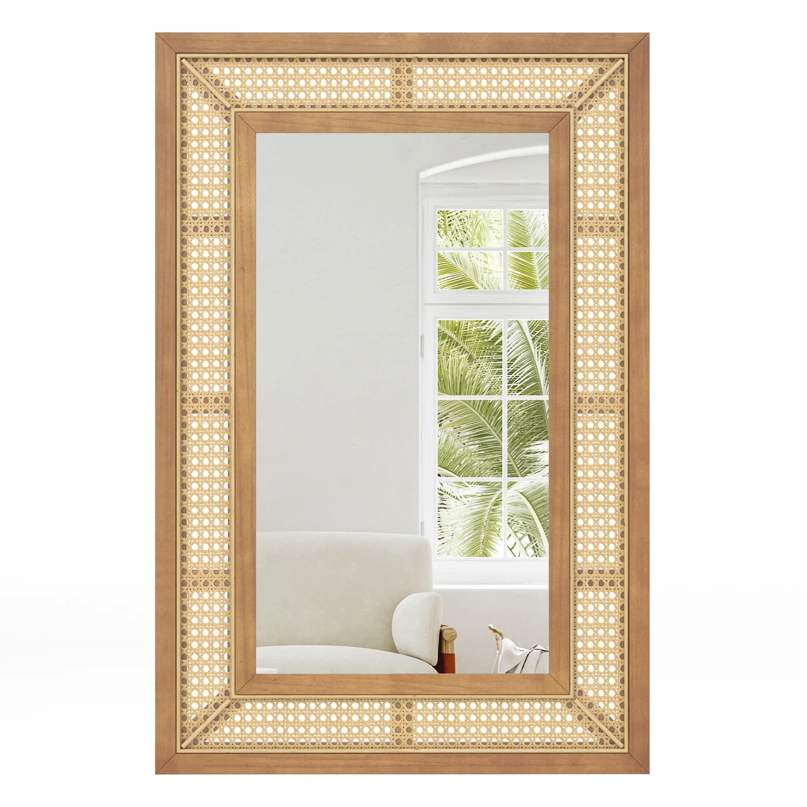 Rattan Decorative Wall Mirror, Wooden Frame, Natural - Image 4