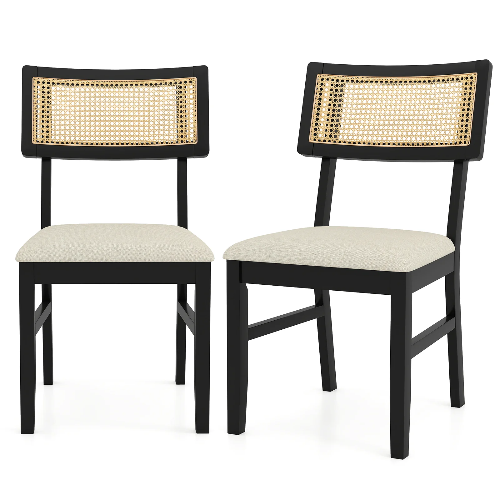 Rattan Dining Chairs Set of 2 Fabric Upholstered Kitchen Chairs with Padded Seat and Rubber Wood Legs, Black