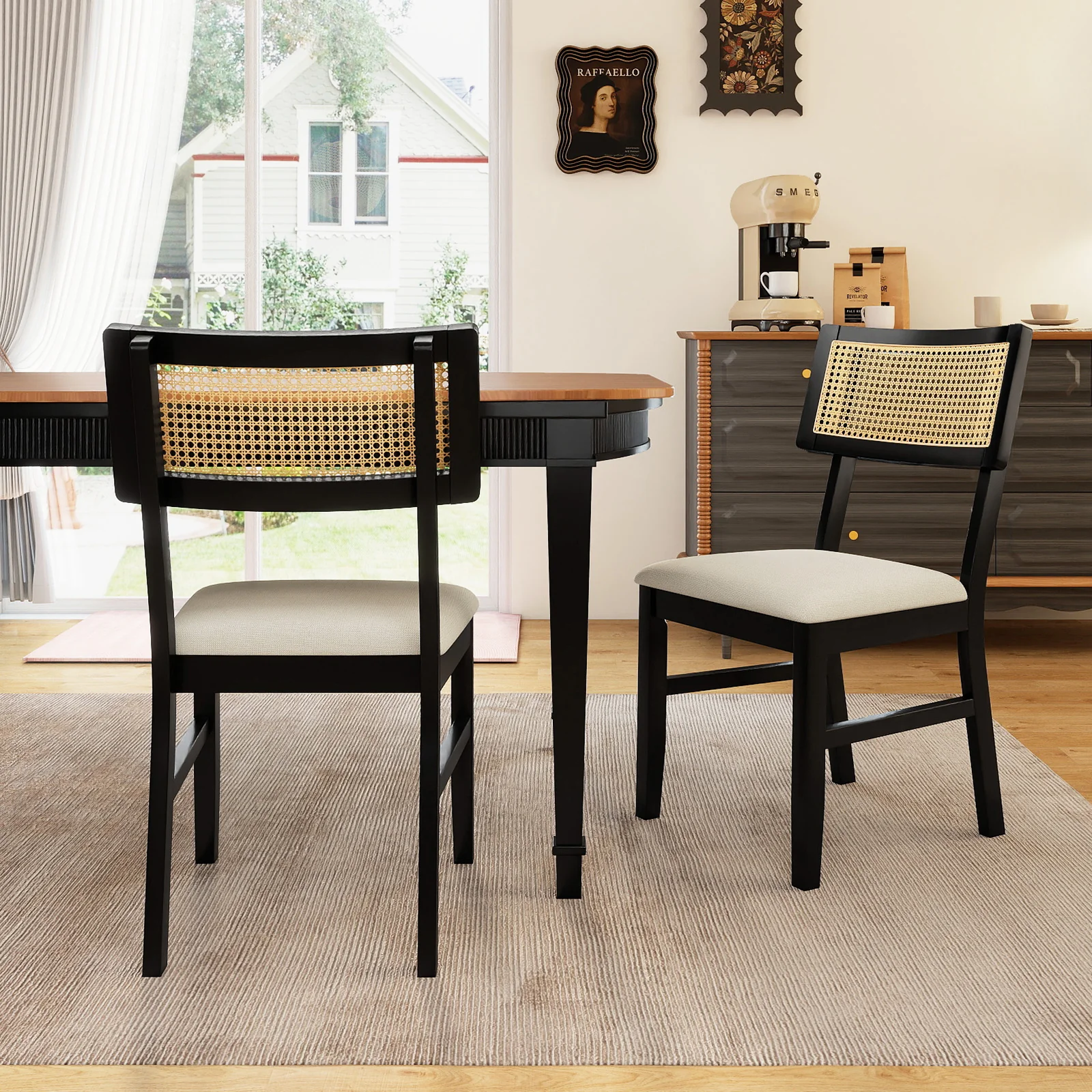 Rattan Dining Chairs Set of 2 Fabric Upholstered Kitchen Chairs with Padded Seat and Rubber Wood Legs, Black - Image 2