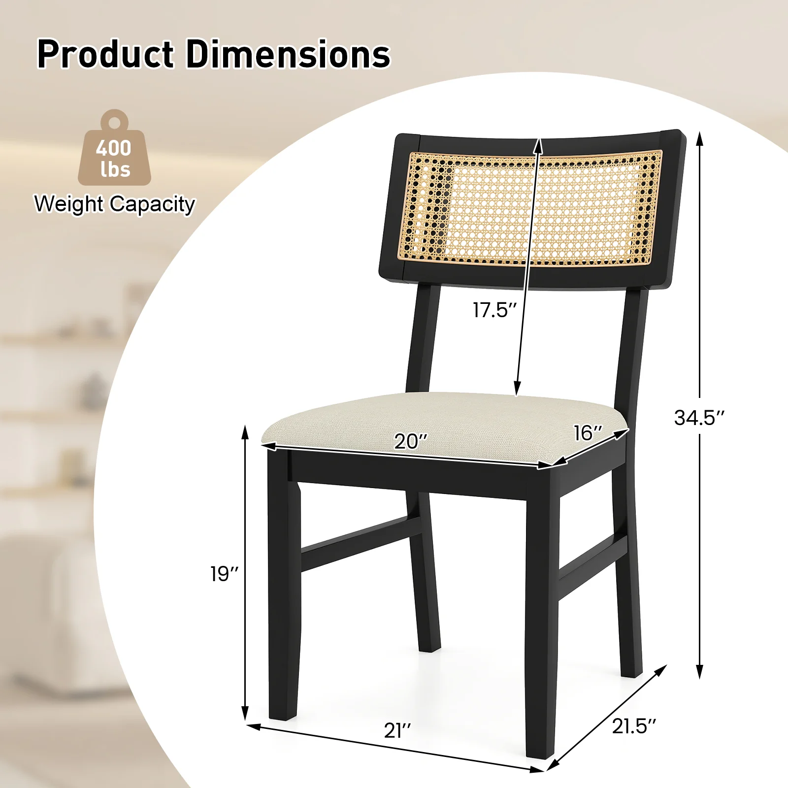 Rattan Dining Chairs Set of 2 Fabric Upholstered Kitchen Chairs with Padded Seat and Rubber Wood Legs, Black - Image 3