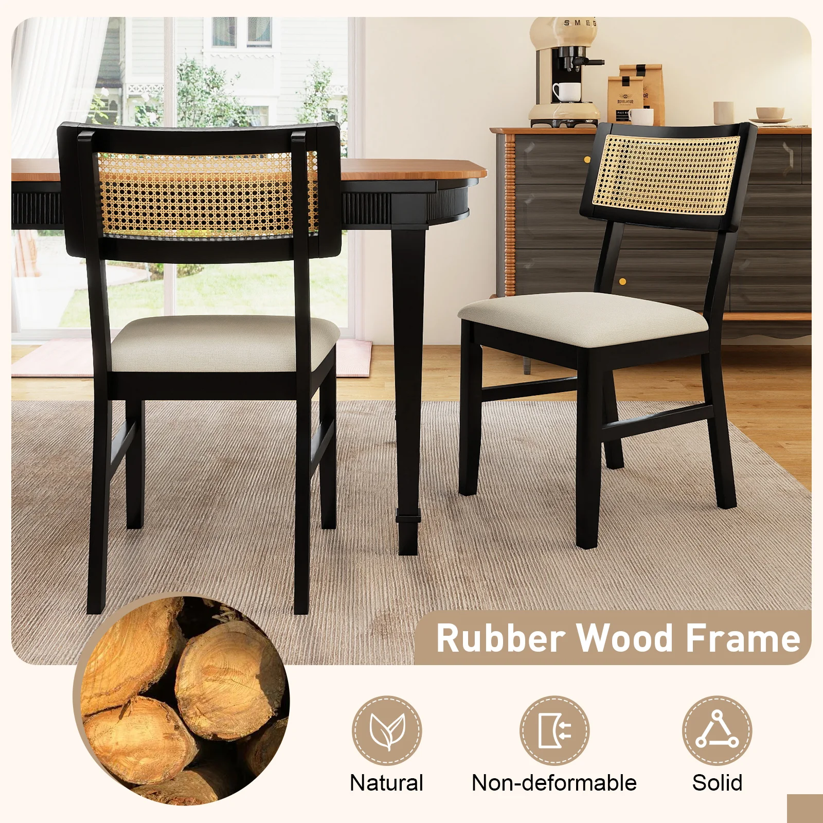 Rattan Dining Chairs Set of 2 Fabric Upholstered Kitchen Chairs with Padded Seat and Rubber Wood Legs, Black - Image 4
