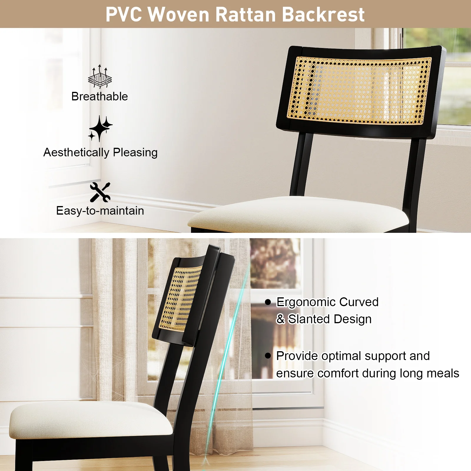 Rattan Dining Chairs Set of 2 Fabric Upholstered Kitchen Chairs with Padded Seat and Rubber Wood Legs, Black - Image 5