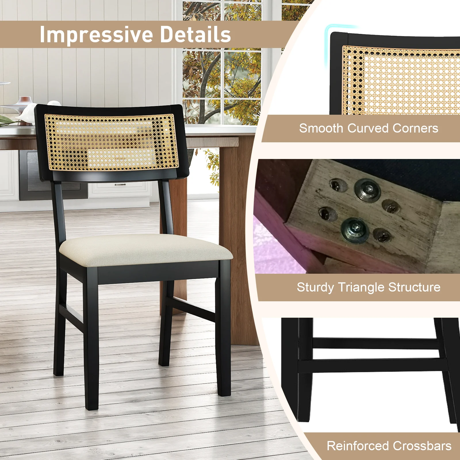 Rattan Dining Chairs Set of 2 Fabric Upholstered Kitchen Chairs with Padded Seat and Rubber Wood Legs, Black - Image 7