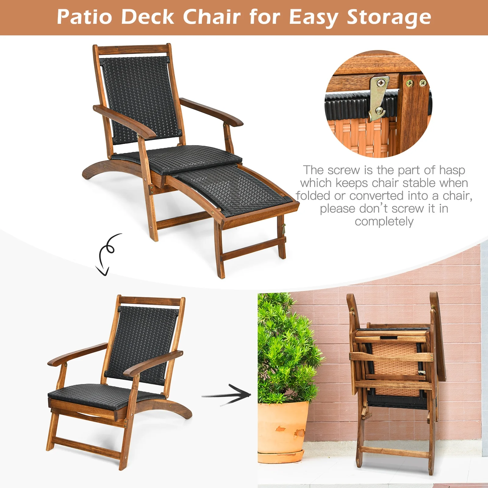 Rattan Folding Lounge Chair, Acacia Wood Frame, Retractable Footrest, Brown - Image 10