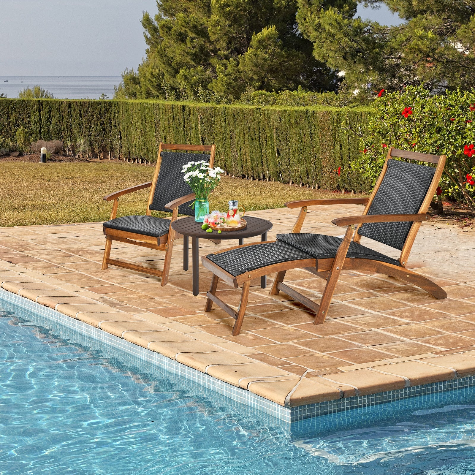 Rattan Folding Lounge Chair, Acacia Wood Frame, Retractable Footrest, Brown - Image 2