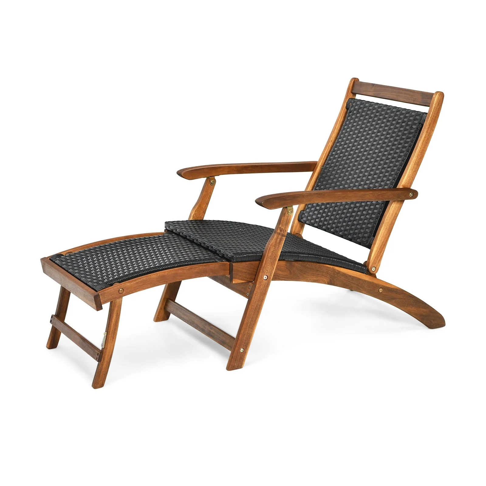 Rattan Folding Lounge Chair, Acacia Wood Frame, Retractable Footrest, Brown - Image 4