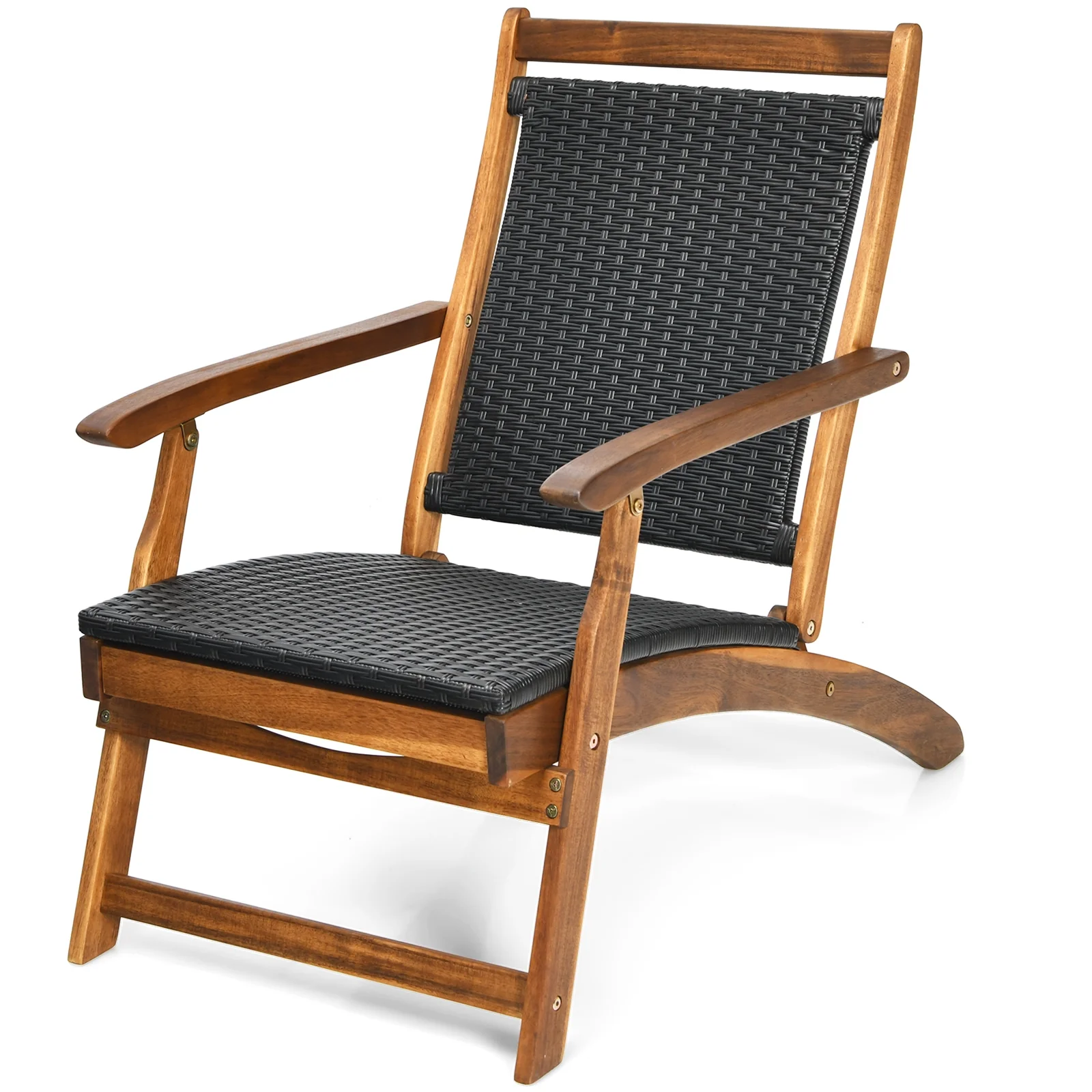 Rattan Folding Lounge Chair, Acacia Wood Frame, Retractable Footrest, Brown - Image 5