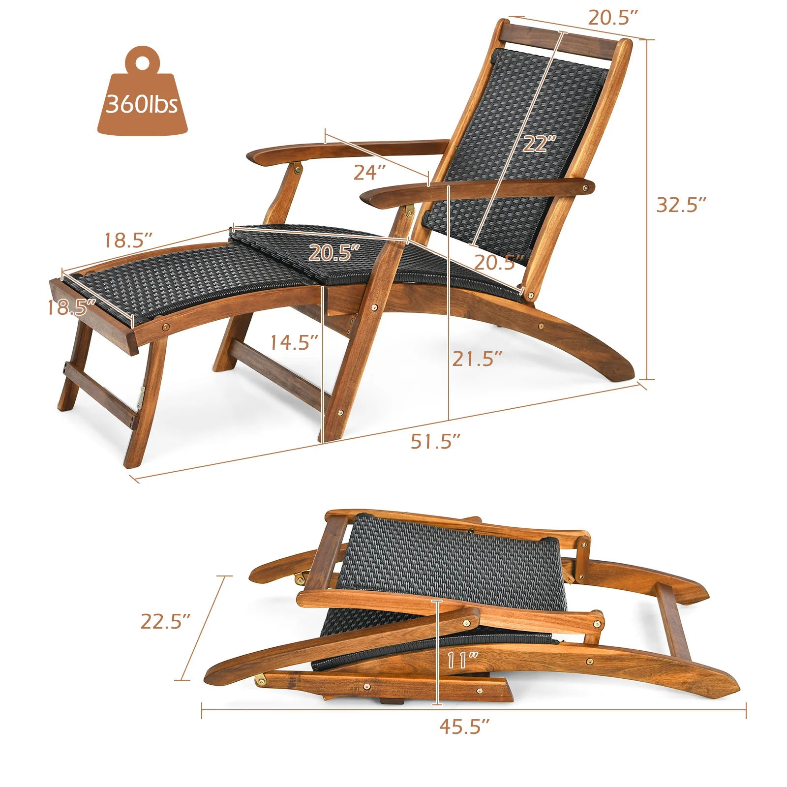 Rattan Folding Lounge Chair, Acacia Wood Frame, Retractable Footrest, Brown - Image 6