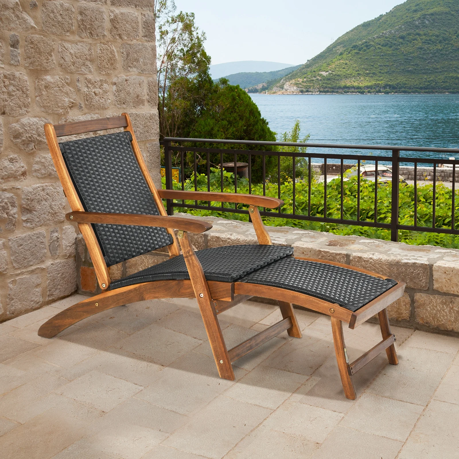 Rattan Folding Lounge Chair, Acacia Wood Frame, Retractable Footrest, Brown - Image 7