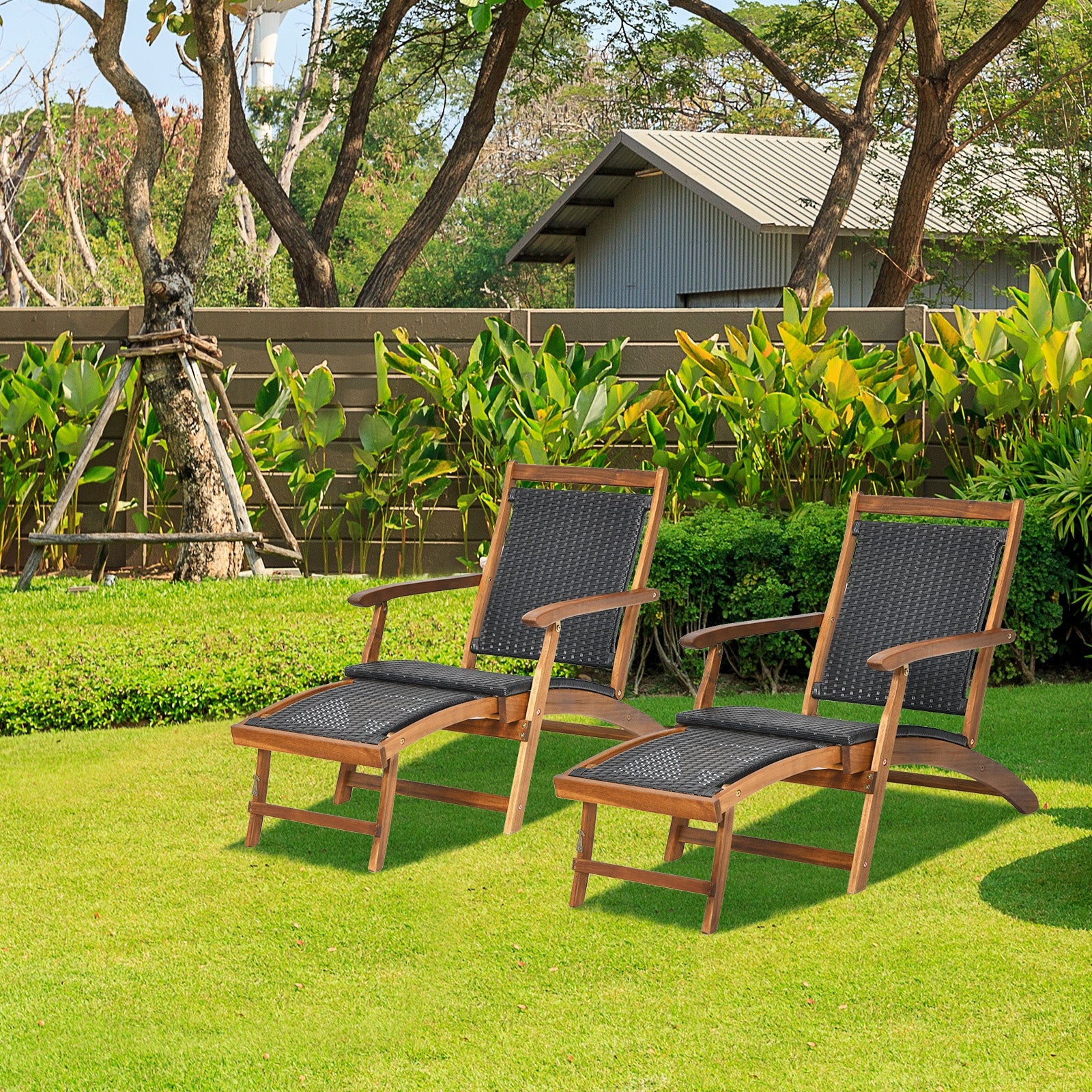 Rattan Folding Lounge Chair, Acacia Wood Frame, Retractable Footrest, Brown - Image 8