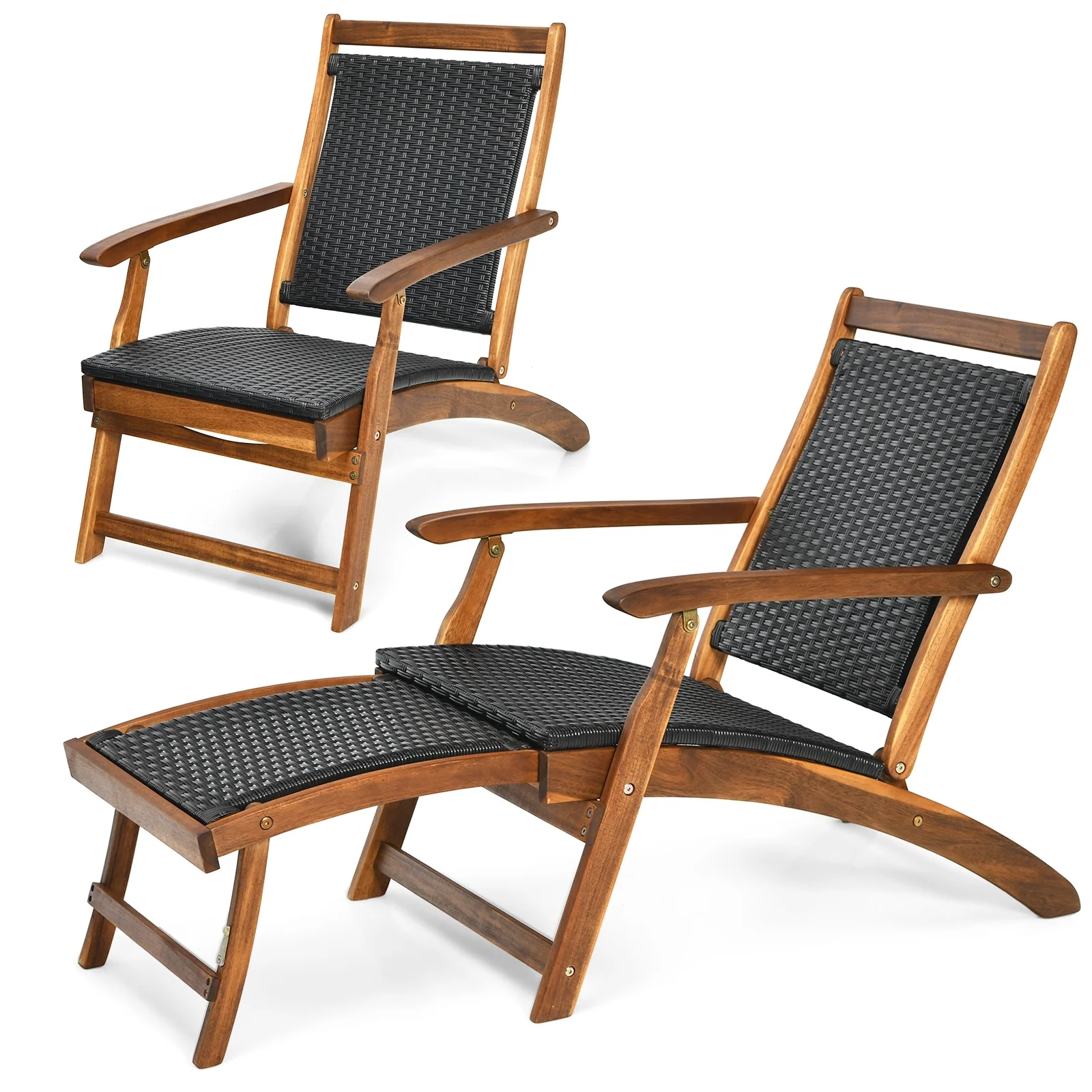 Rattan Folding Lounge Chair, Acacia Wood Frame, Retractable Footrest, Brown - Image 9