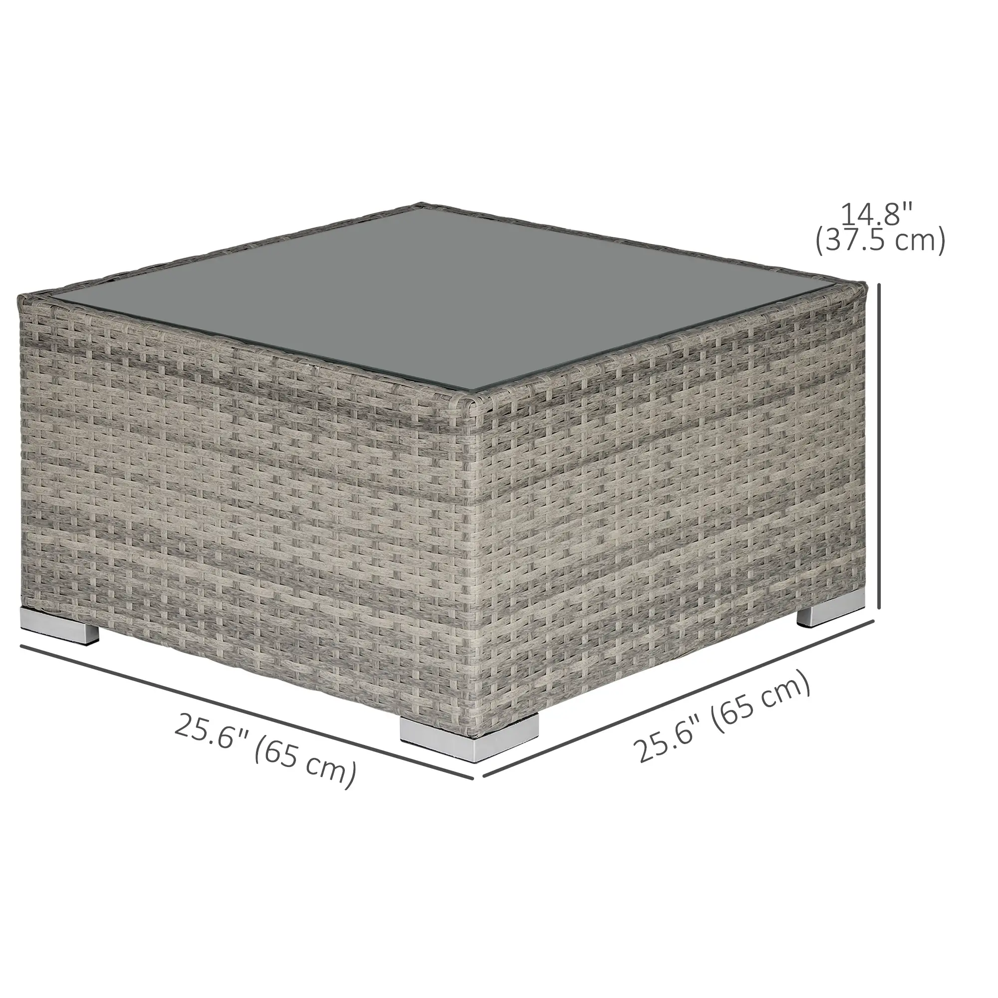 Rattan Garden Coffee Table, 25.6" Square, Tempered Glass Top, Grey - Image 3