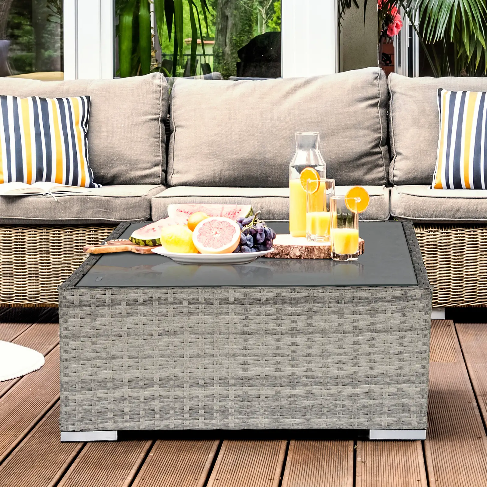 Rattan Garden Coffee Table, 25.6" Square, Tempered Glass Top, Grey - Image 8