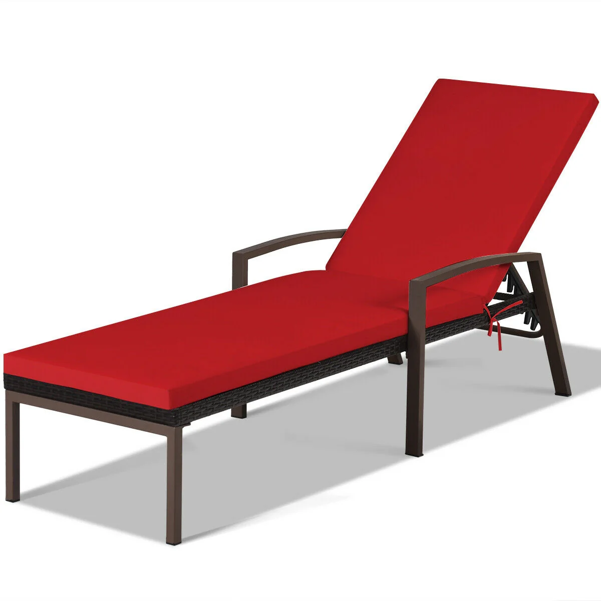 Rattan Lounge Chaise Recliner, Adjustable Back, Cushioned, Red