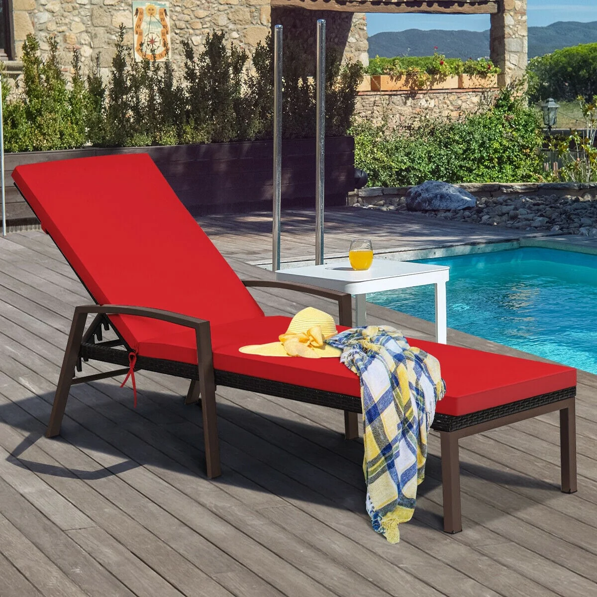 Rattan Lounge Chaise Recliner, Adjustable Back, Cushioned, Red - Image 2