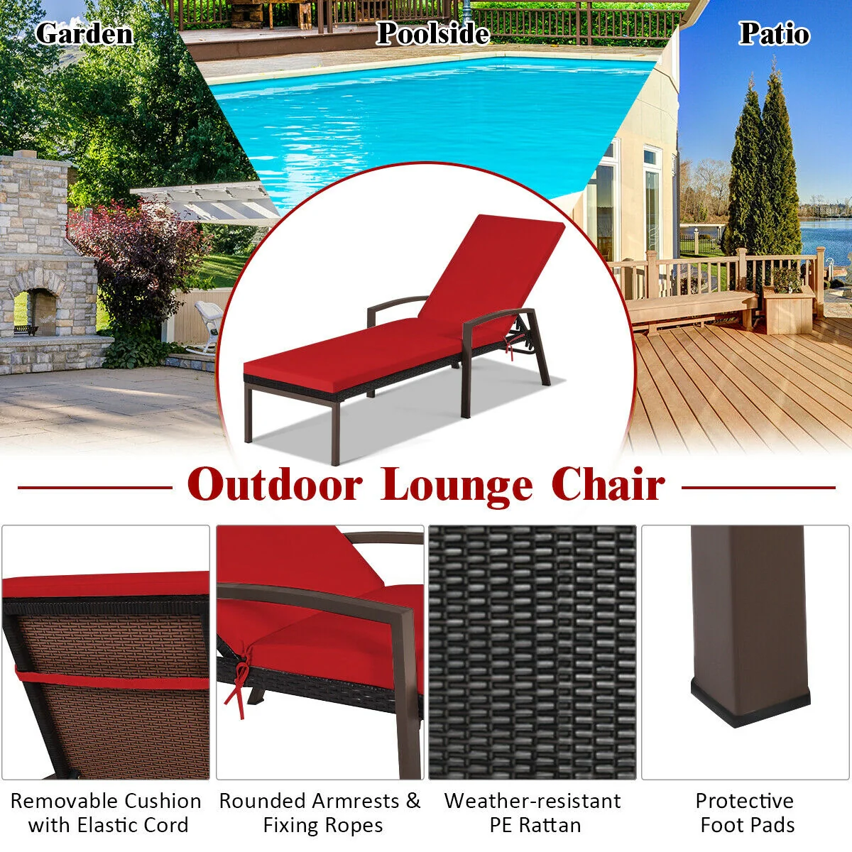 Rattan Lounge Chaise Recliner, Adjustable Back, Cushioned, Red - Image 3