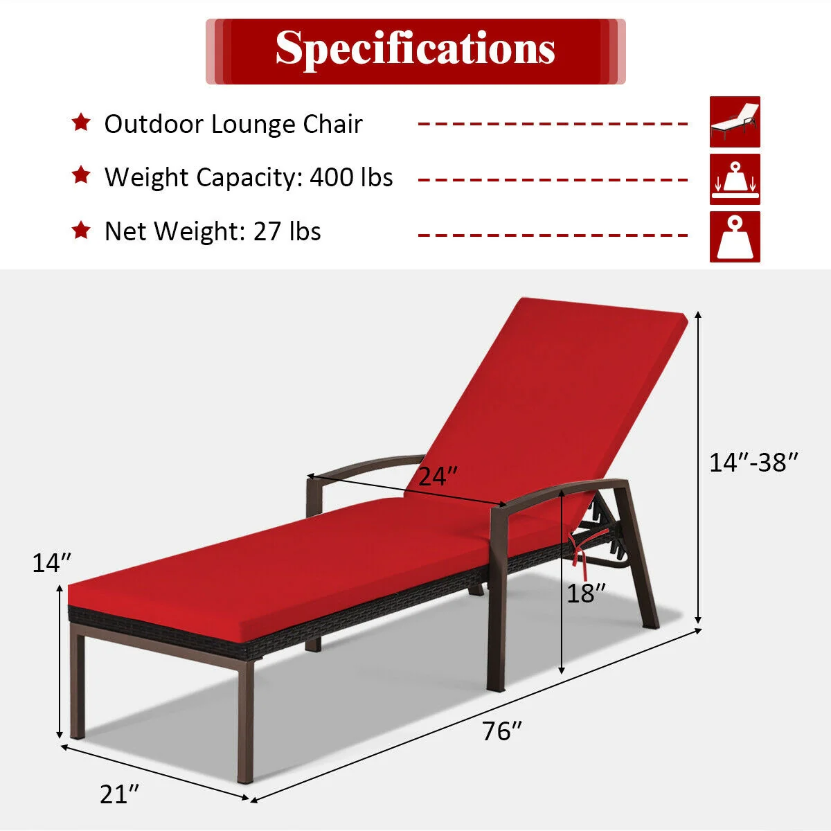 Rattan Lounge Chaise Recliner, Adjustable Back, Cushioned, Red - Image 5