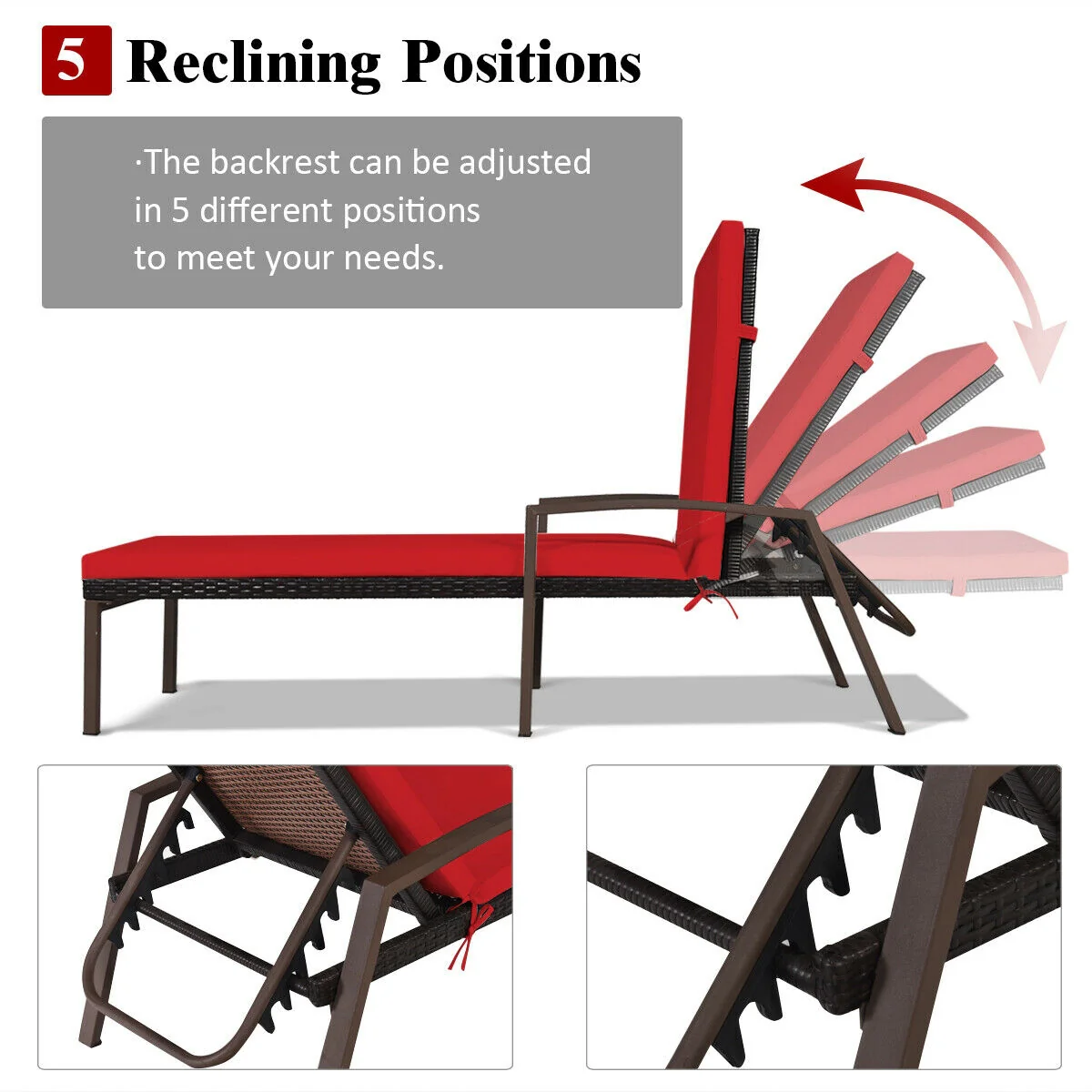 Rattan Lounge Chaise Recliner, Adjustable Back, Cushioned, Red - Image 6