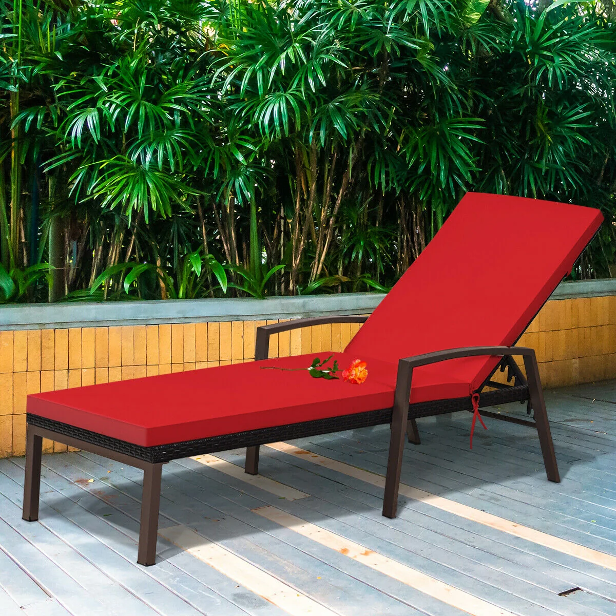 Rattan Lounge Chaise Recliner, Adjustable Back, Cushioned, Red - Image 7