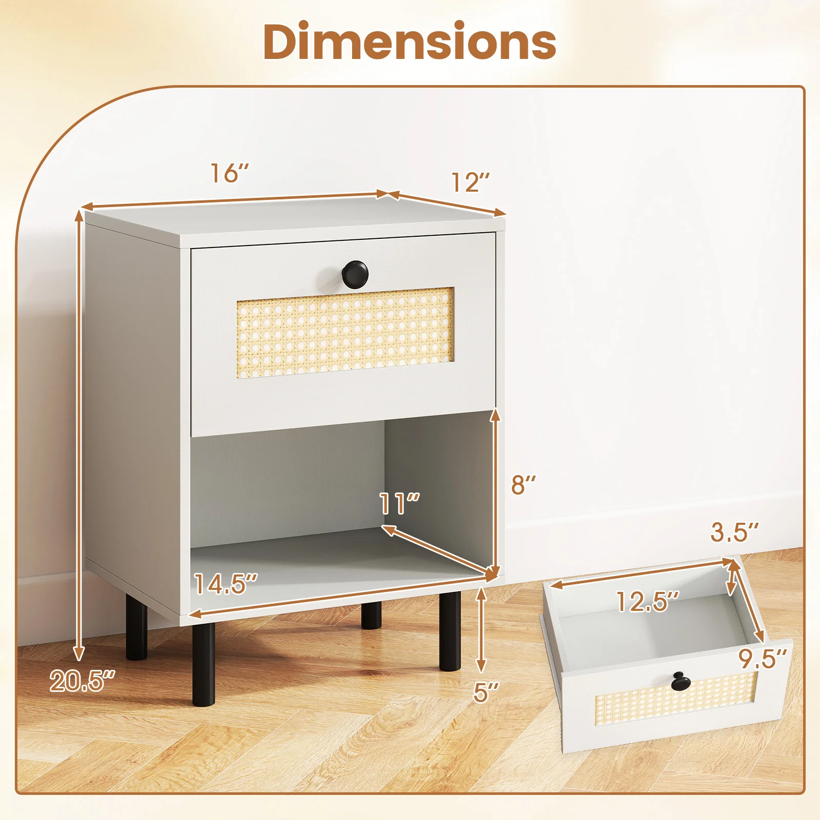 Rattan Nightstand, Boho End Table, 2-Piece Set, White - Image 10