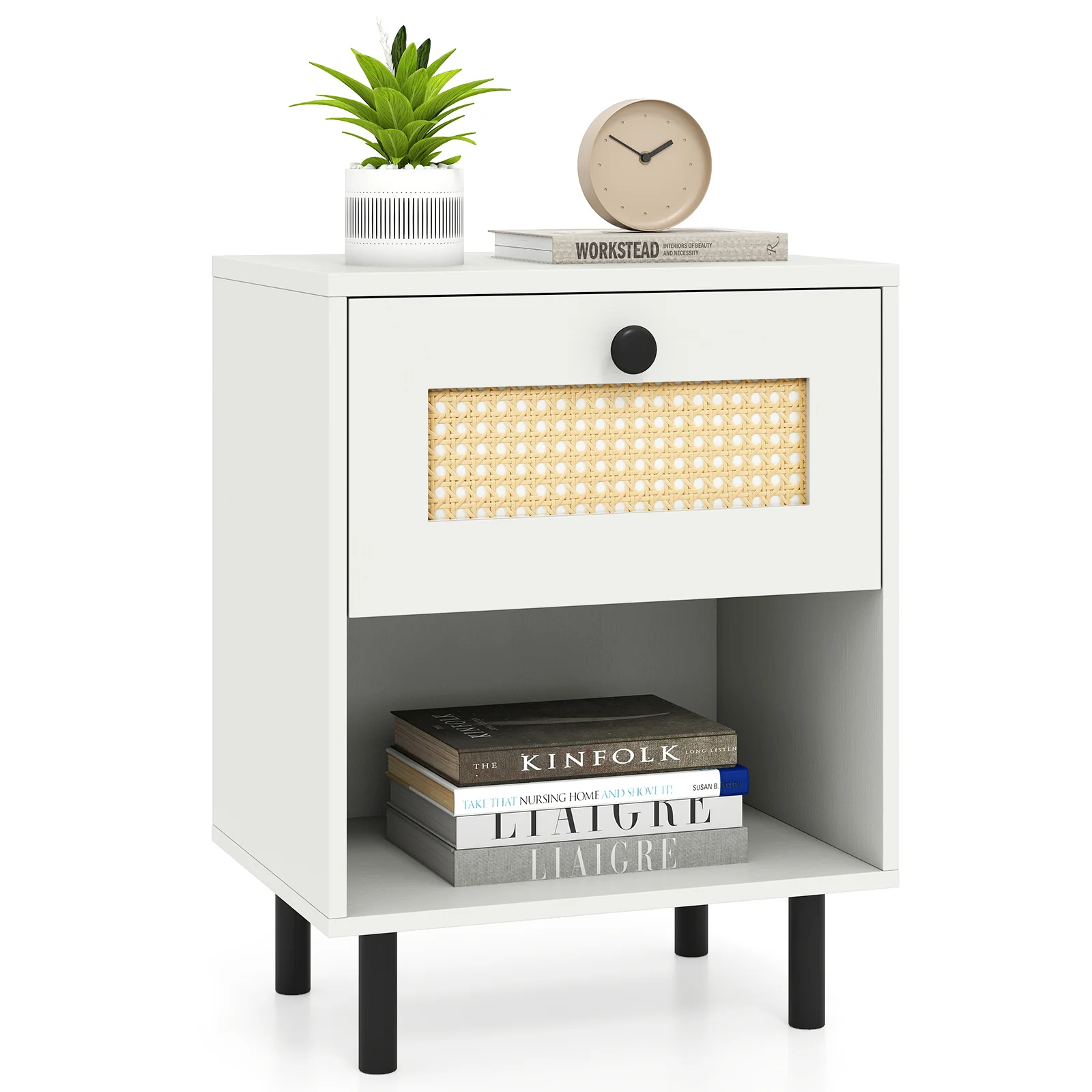 Rattan Nightstand, Boho End Table, 2-Piece Set, White - Image 3