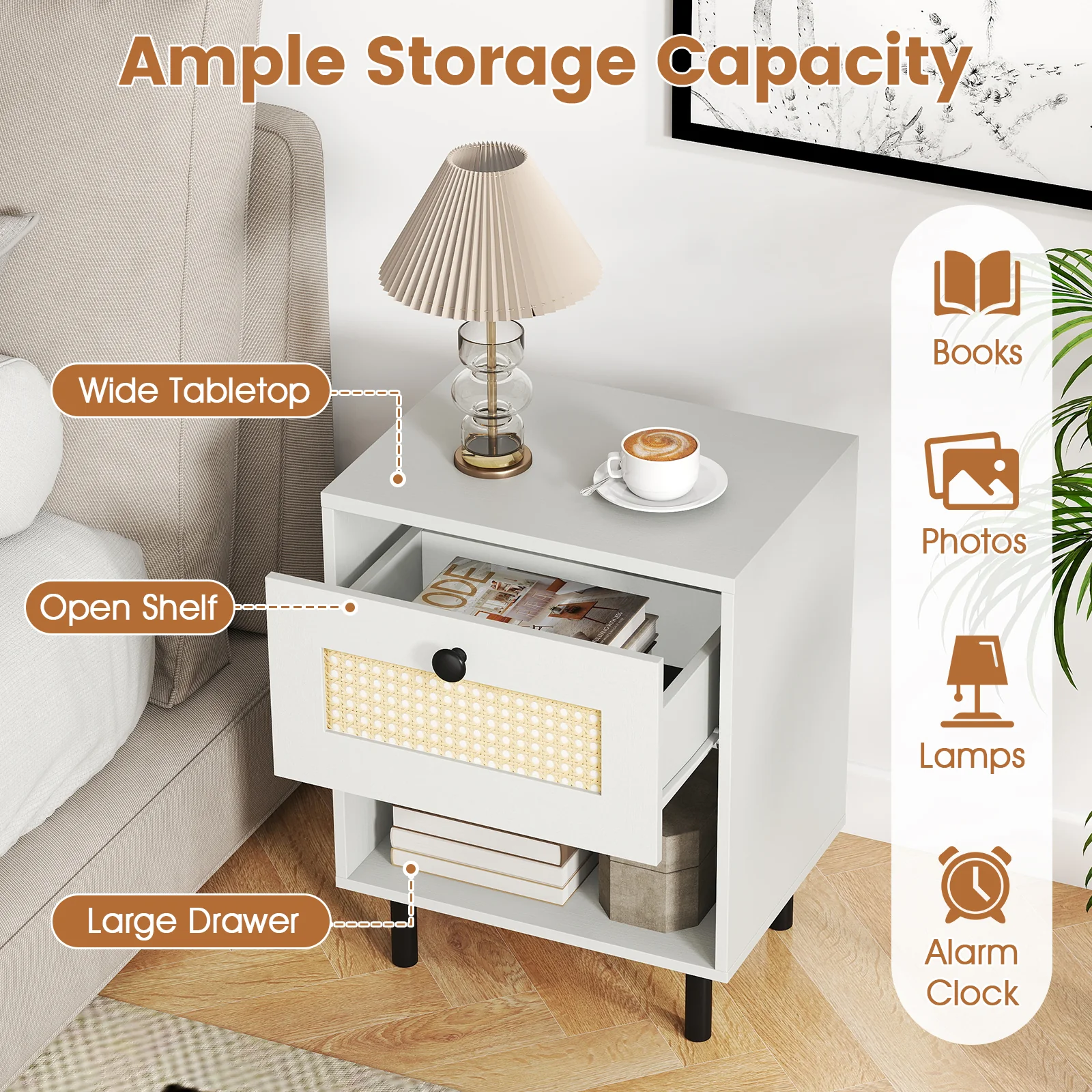 Rattan Nightstand, Boho End Table, 2-Piece Set, White - Image 5